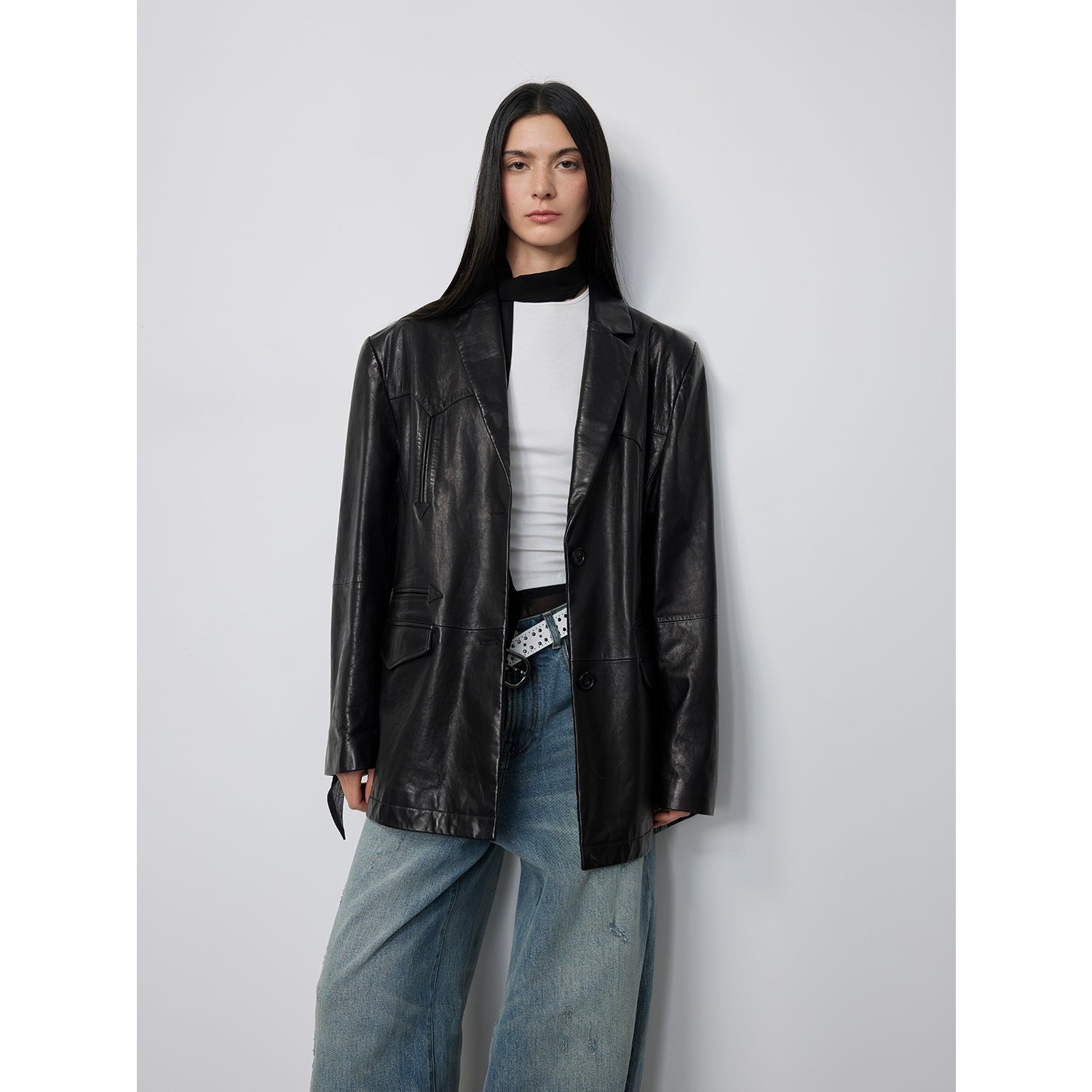 “Nostalgic Denim” Custom-Dyed Washed Goat Leather Blazer for Women and Men