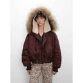 Raccoon Fur Collar Down Bomber Jacket with Detachable Hood and Waterproof Shell