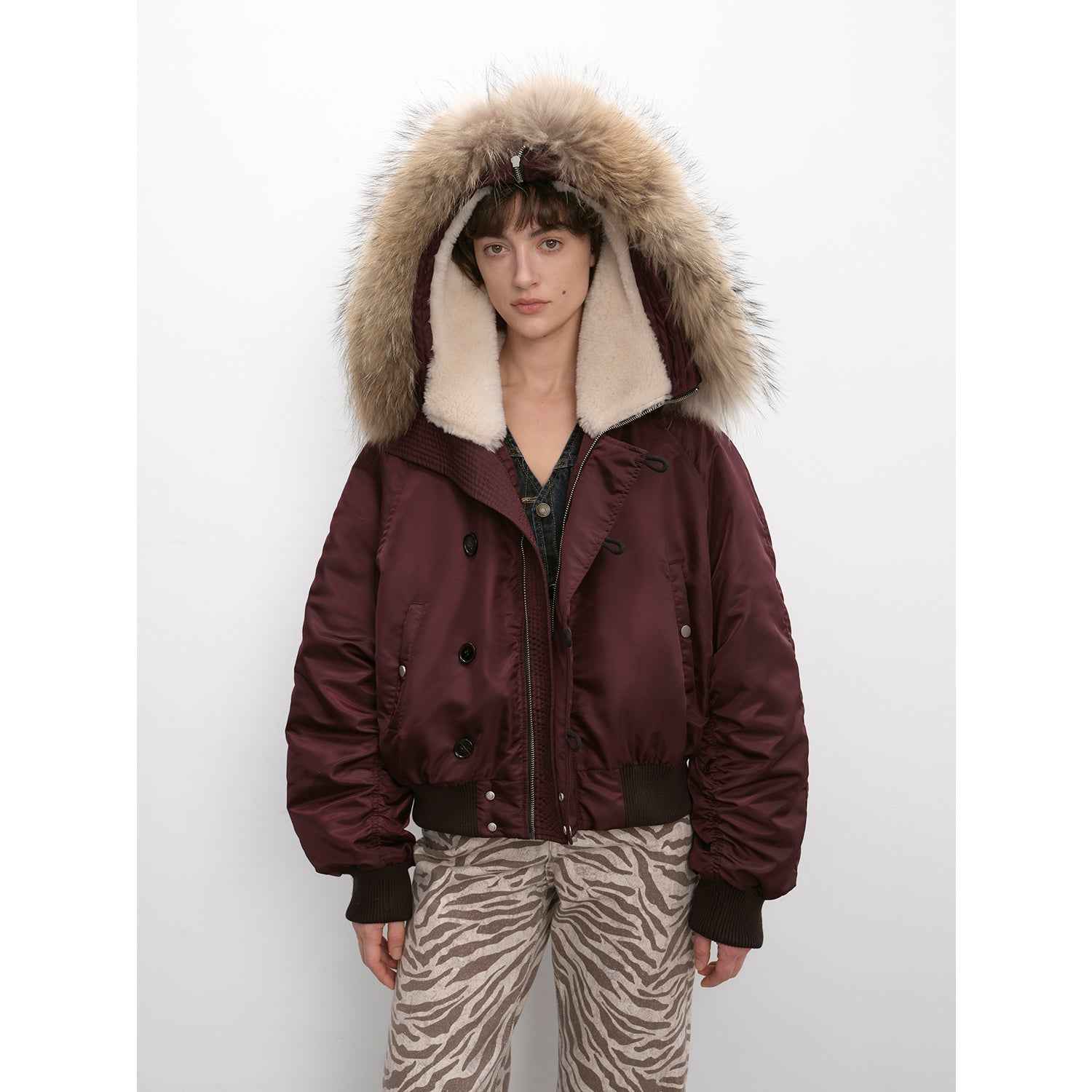 Raccoon Fur Collar Down Bomber Jacket with Detachable Hood and Waterproof Shell