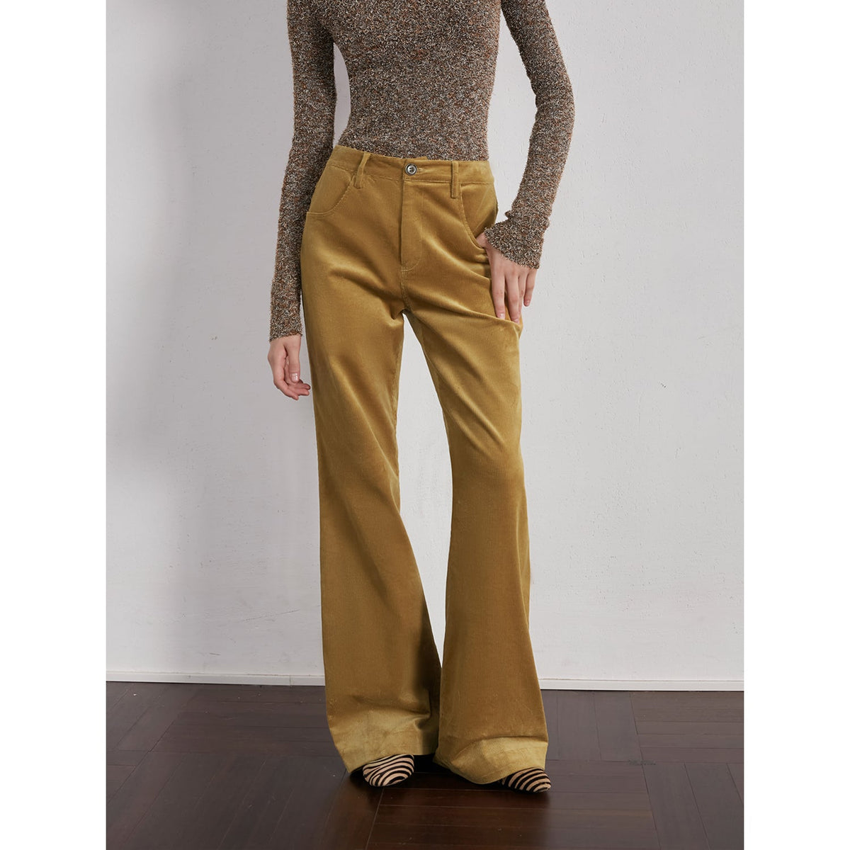 "Seaside Café" Low-Waist Flared Corduroy Pants in amber yellow