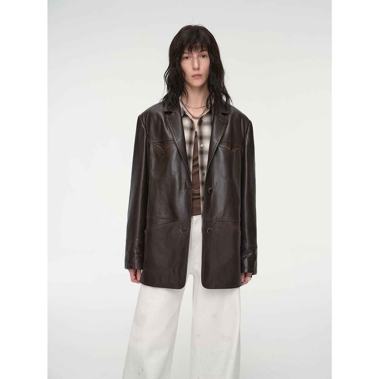 "Windsor Past" Wide-Shoulder Waxed Leather Suit Jacket