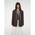 "Windsor Past" Wide-Shoulder Multi-Pocket Waxed Leather Suit Jacket in yellowish brown, front view