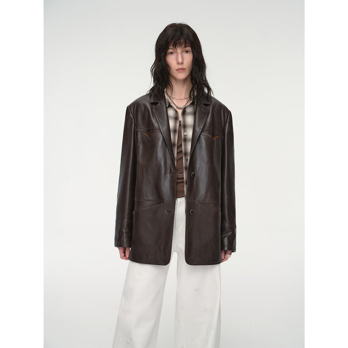 "Windsor Past" Wide-Shoulder Multi-Pocket Waxed Leather Suit Jacket in yellowish brown, front view