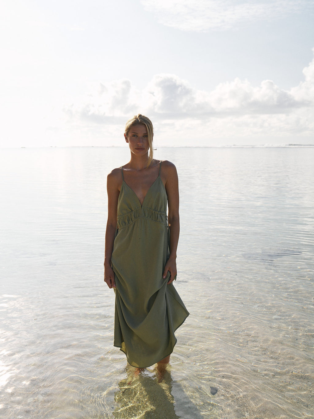 Sofia Tie-Side Khaki Green Maxi Dress in TENCEL™