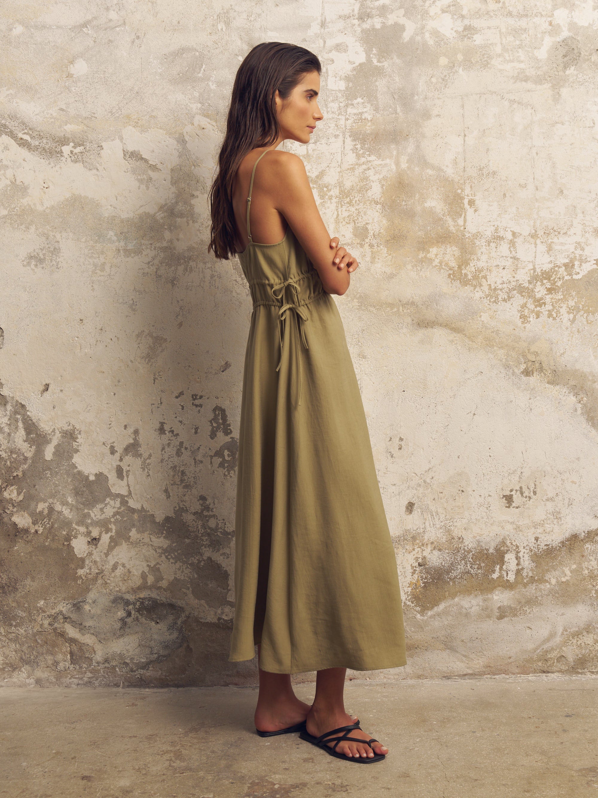 Sofia Tie-Side Khaki Green Maxi Dress in TENCEL™