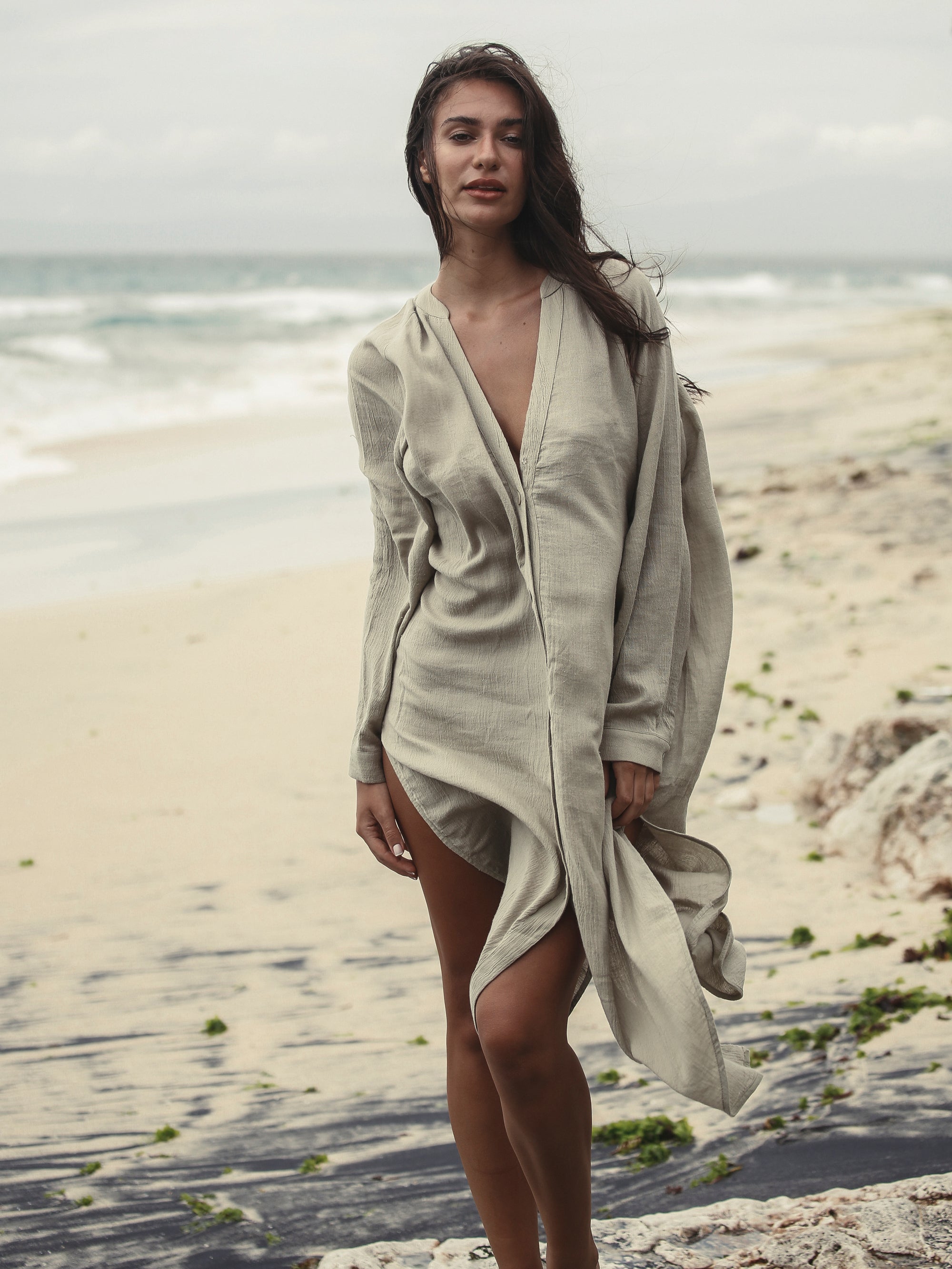 Terra Khaki Green Shirt Dress in Lightweight Turkish Cotton