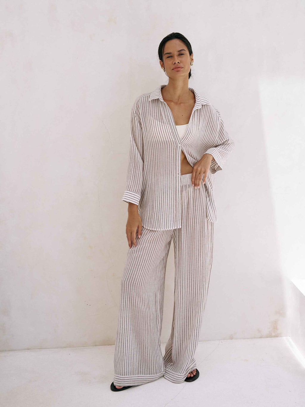 Voyage Set in Burgundy Stripes - Stylish Cotton Ensemble for Men and Women