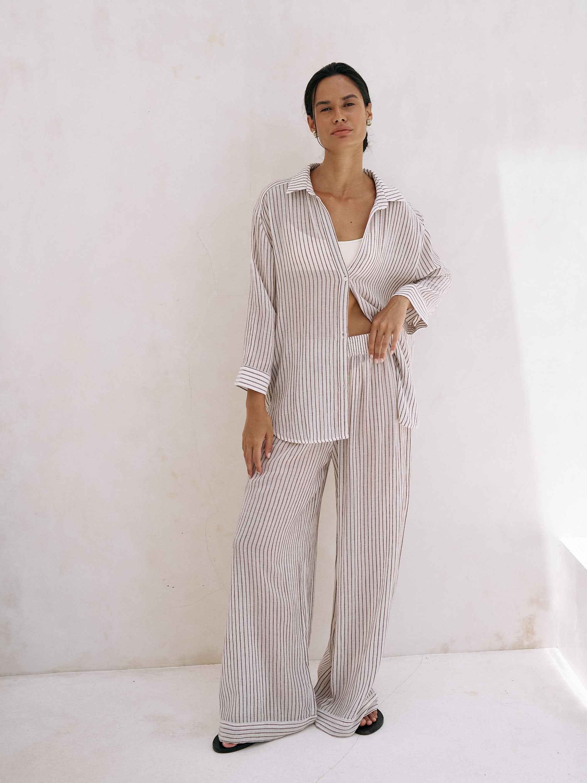 Voyage Set in Burgundy Stripes - Stylish Cotton Ensemble for Men and Women