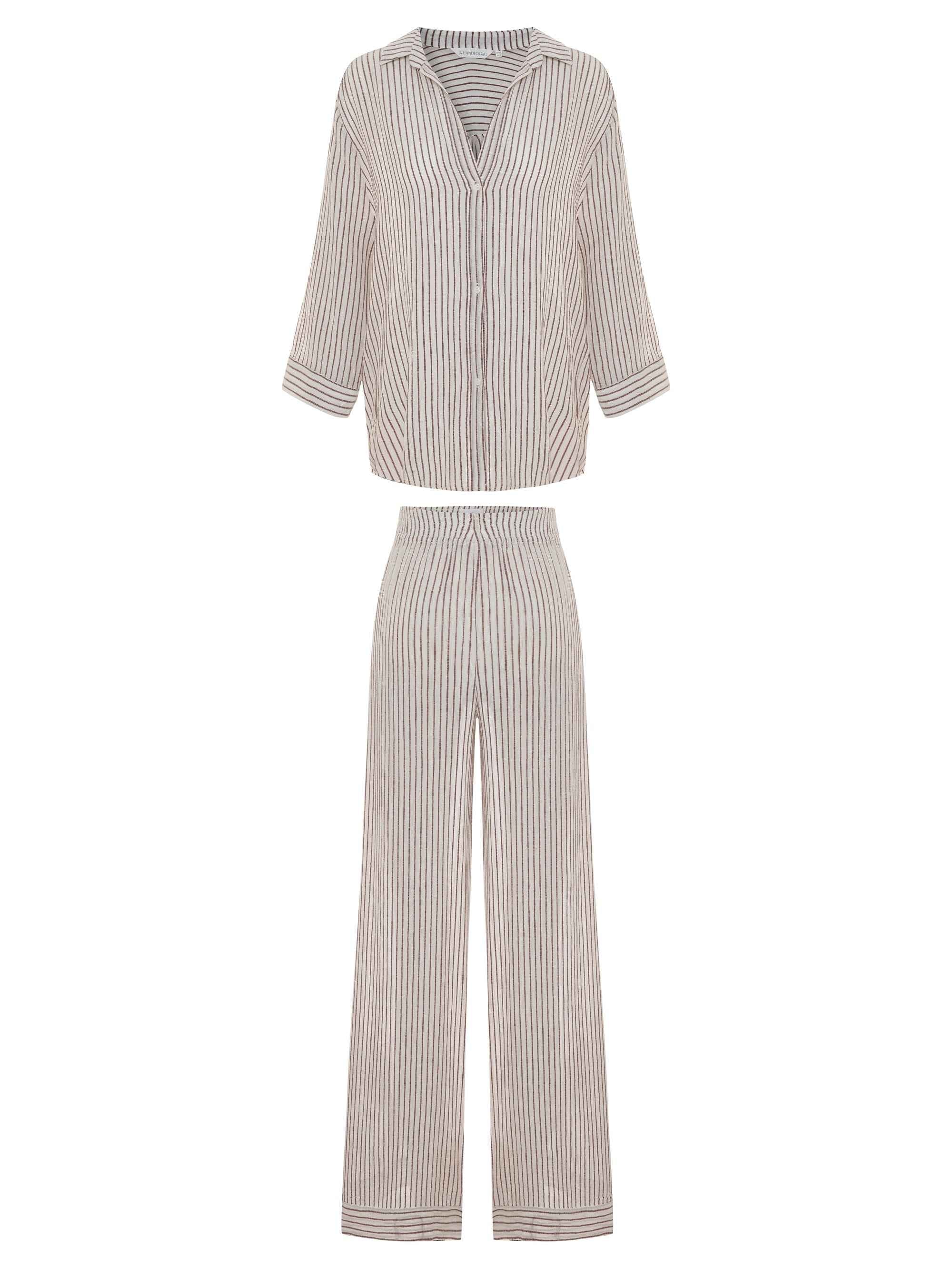 Voyage Set in Burgundy Stripes - Stylish Cotton Ensemble for Men and Women
