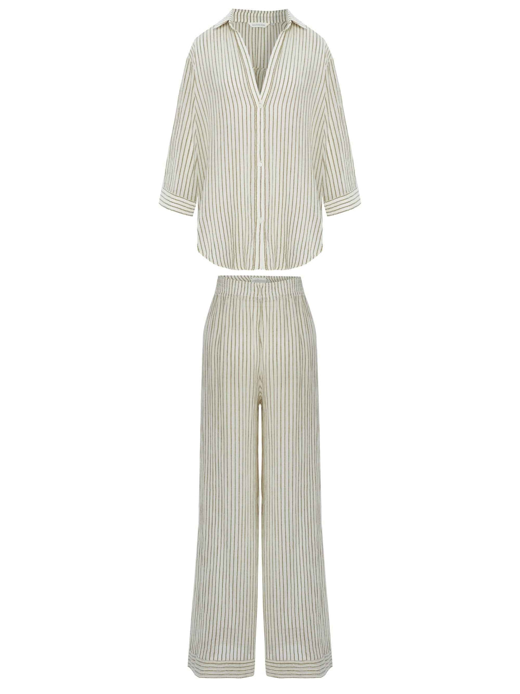 Voyage Set in Khaki Green Stripes – Lightweight Textured Cotton Outfit with Voyage Pants