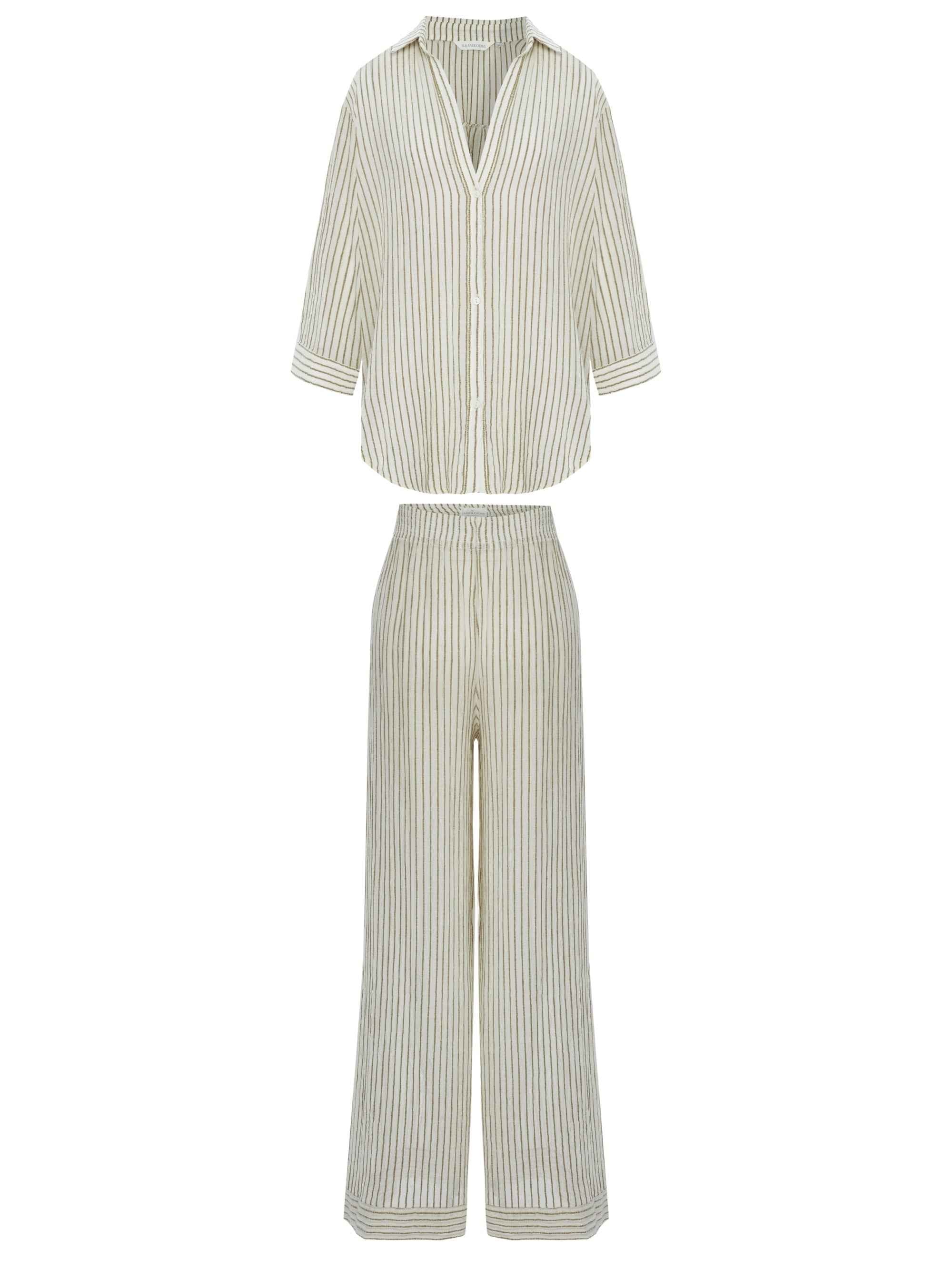 Voyage Set in Khaki Green Stripes – Lightweight Textured Cotton Outfit with Voyage Pants