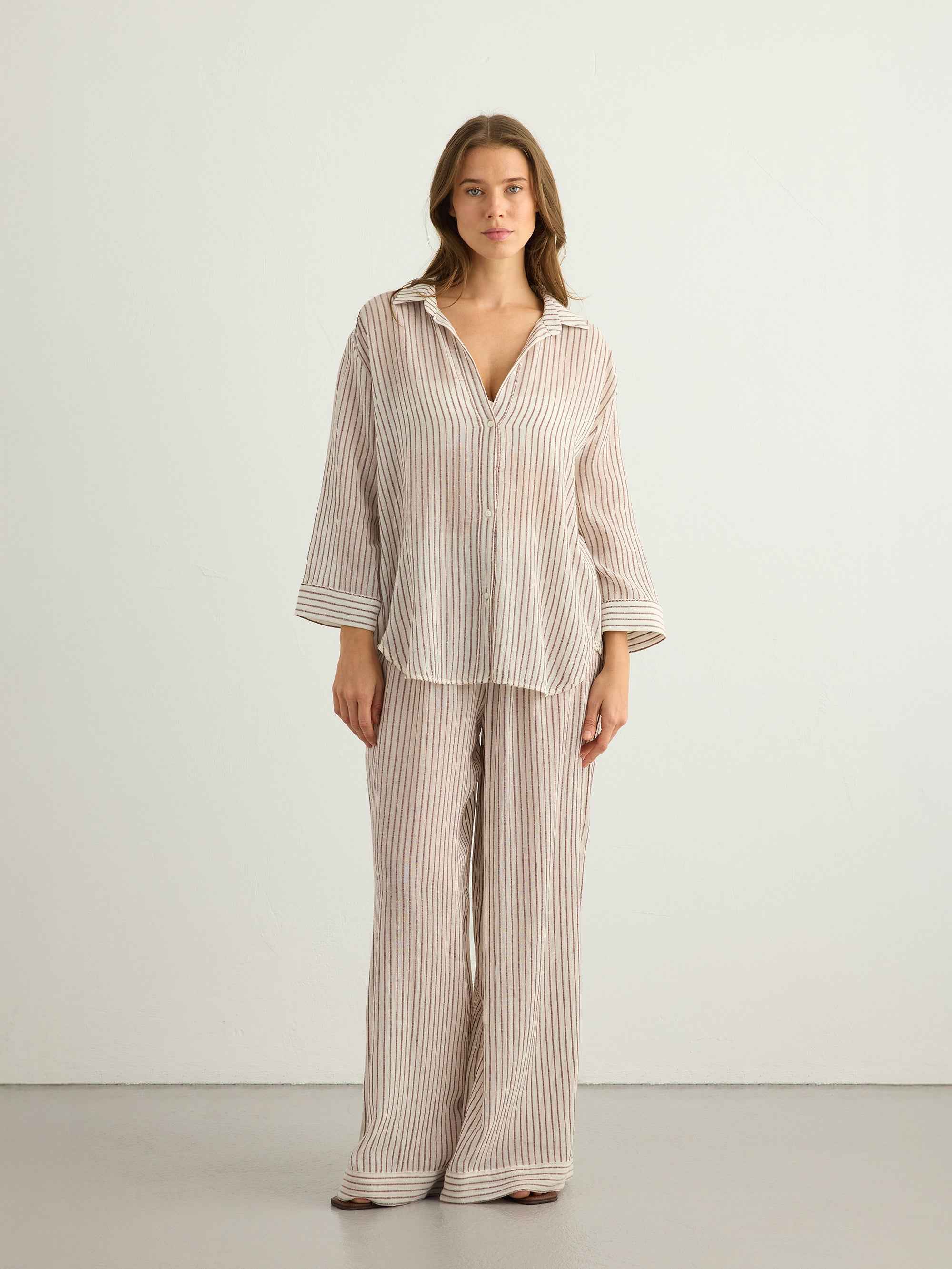 Voyage Set in Burgundy Stripes - Stylish Cotton Ensemble for Men and Women
