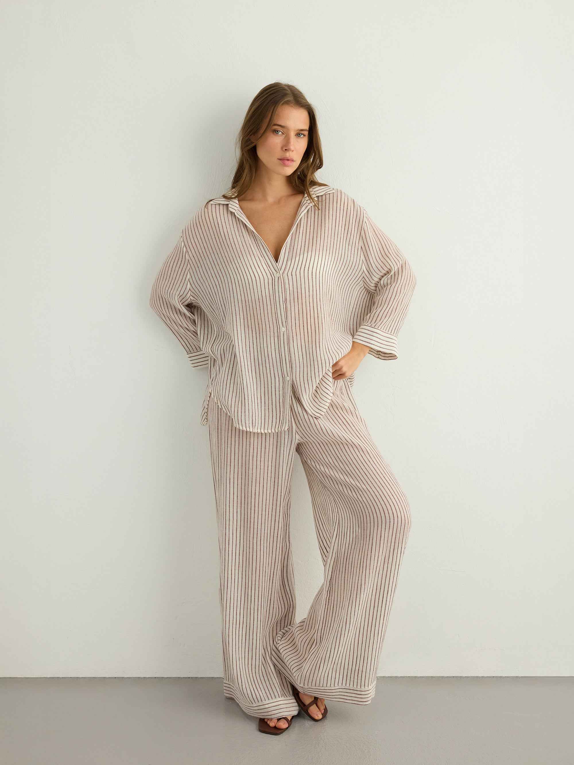 Voyage Set in Burgundy Stripes - Stylish Cotton Ensemble for Men and Women