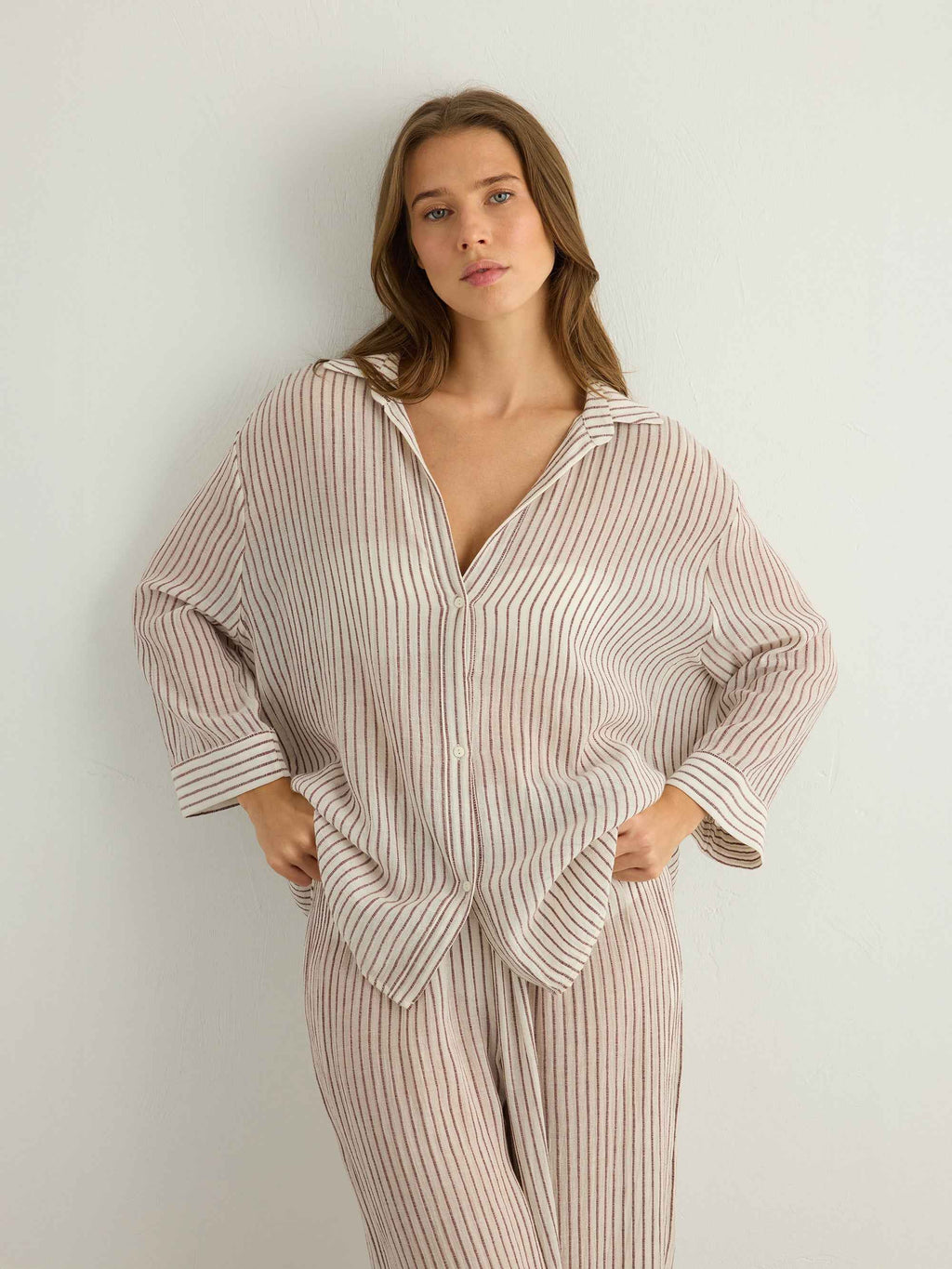 Voyage Set in Burgundy Stripes - Stylish Cotton Ensemble for Men and Women