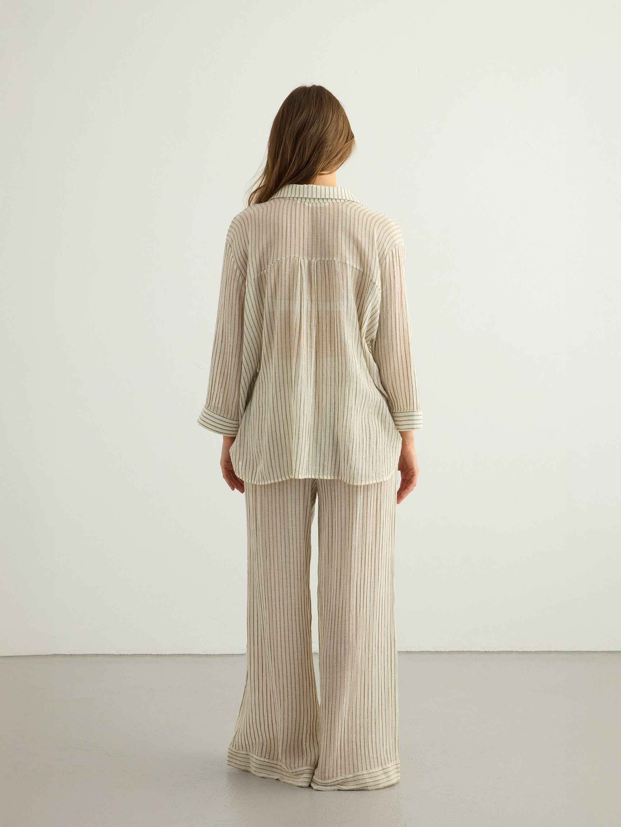 Voyage Set in Khaki Green Stripes – Lightweight Textured Cotton Outfit with Voyage Pants