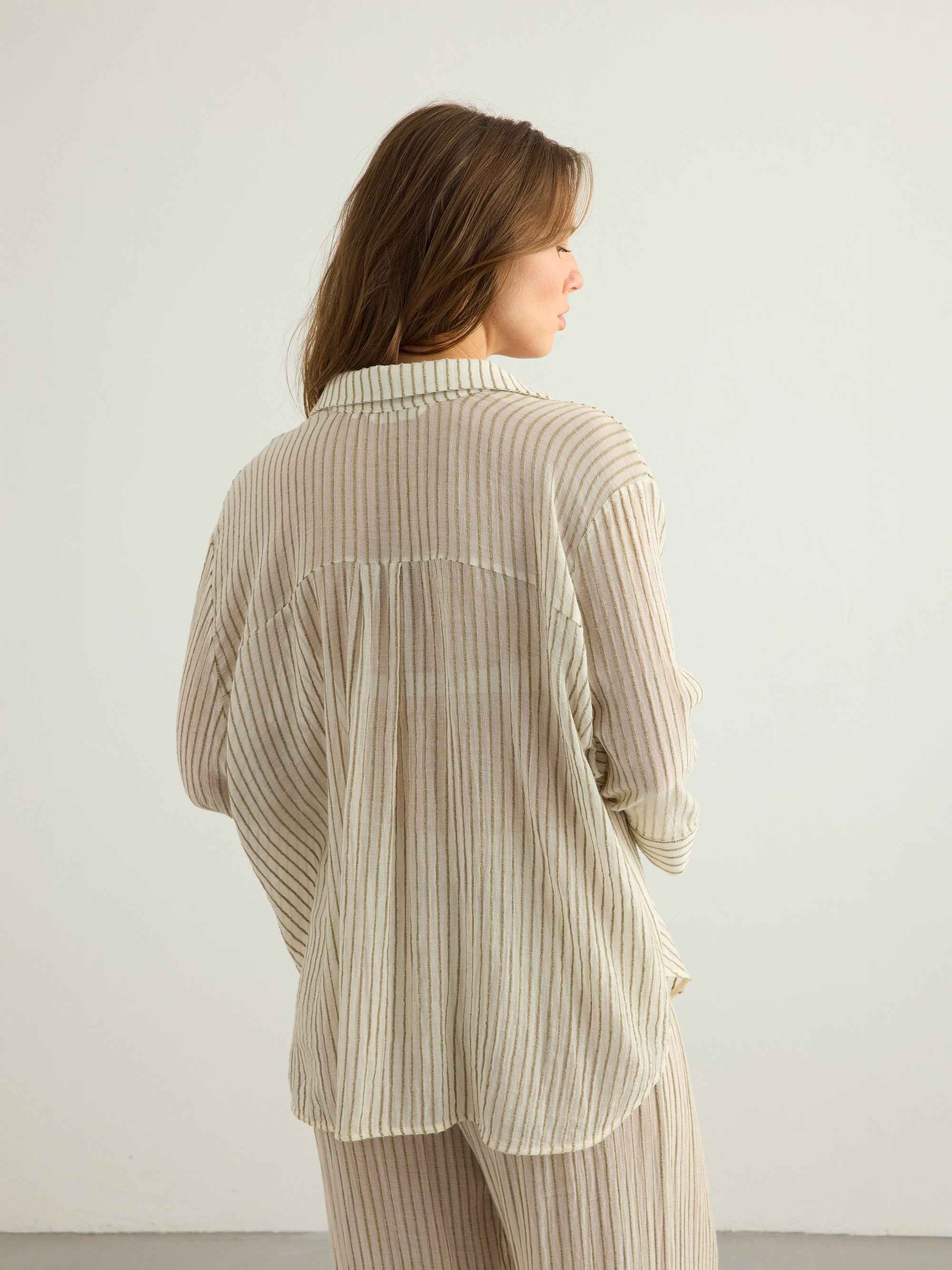 Voyage Set in Khaki Green Stripes – Lightweight Textured Cotton Outfit with Voyage Pants