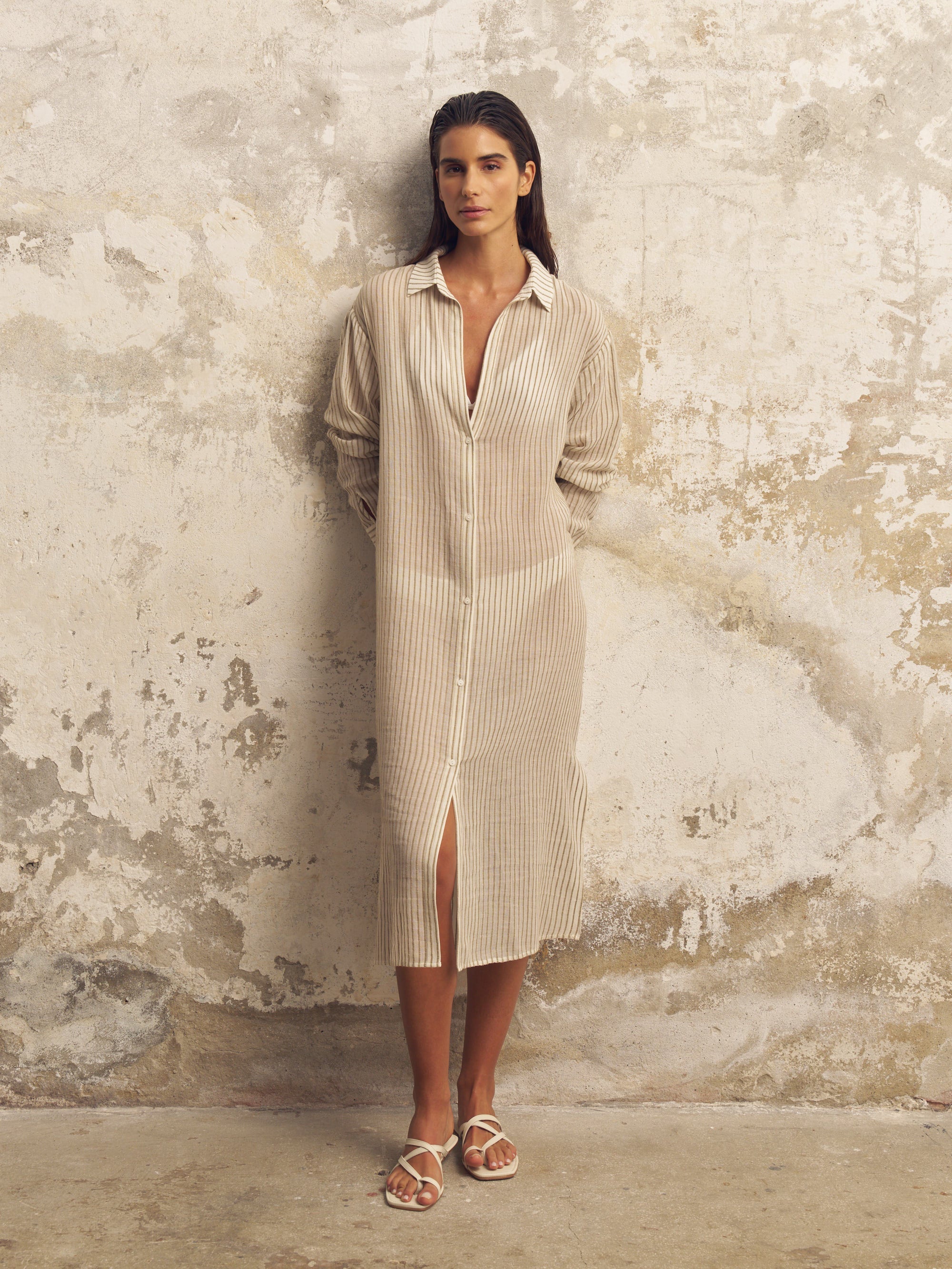 Voyage Khaki Green Striped Shirt Dress – 100% Turkish Cotton Beach Cover-Up