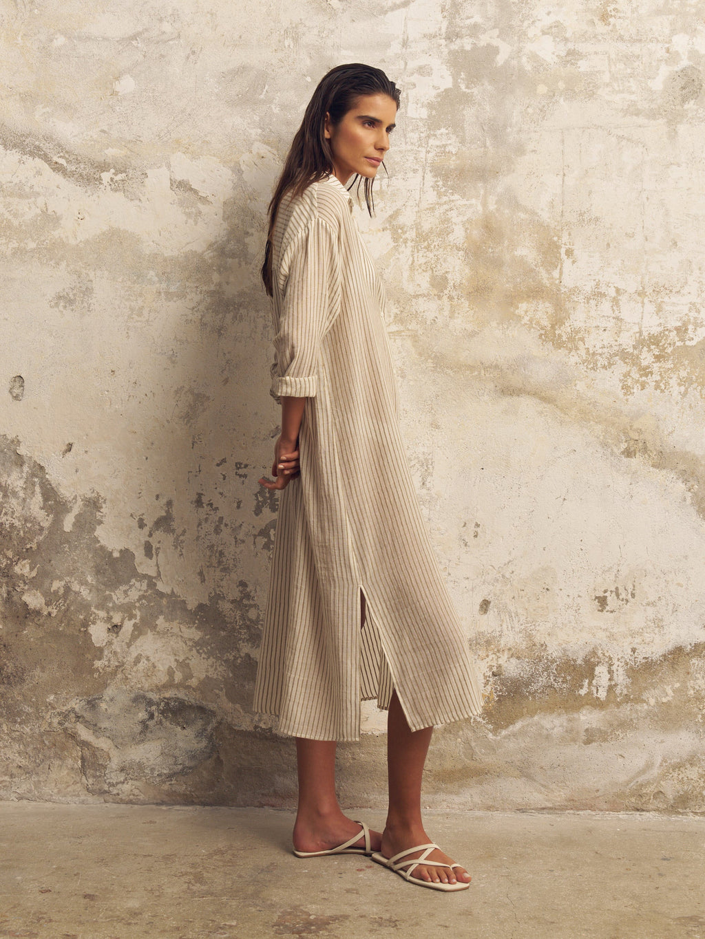Voyage Khaki Green Striped Shirt Dress – 100% Turkish Cotton Beach Cover-Up