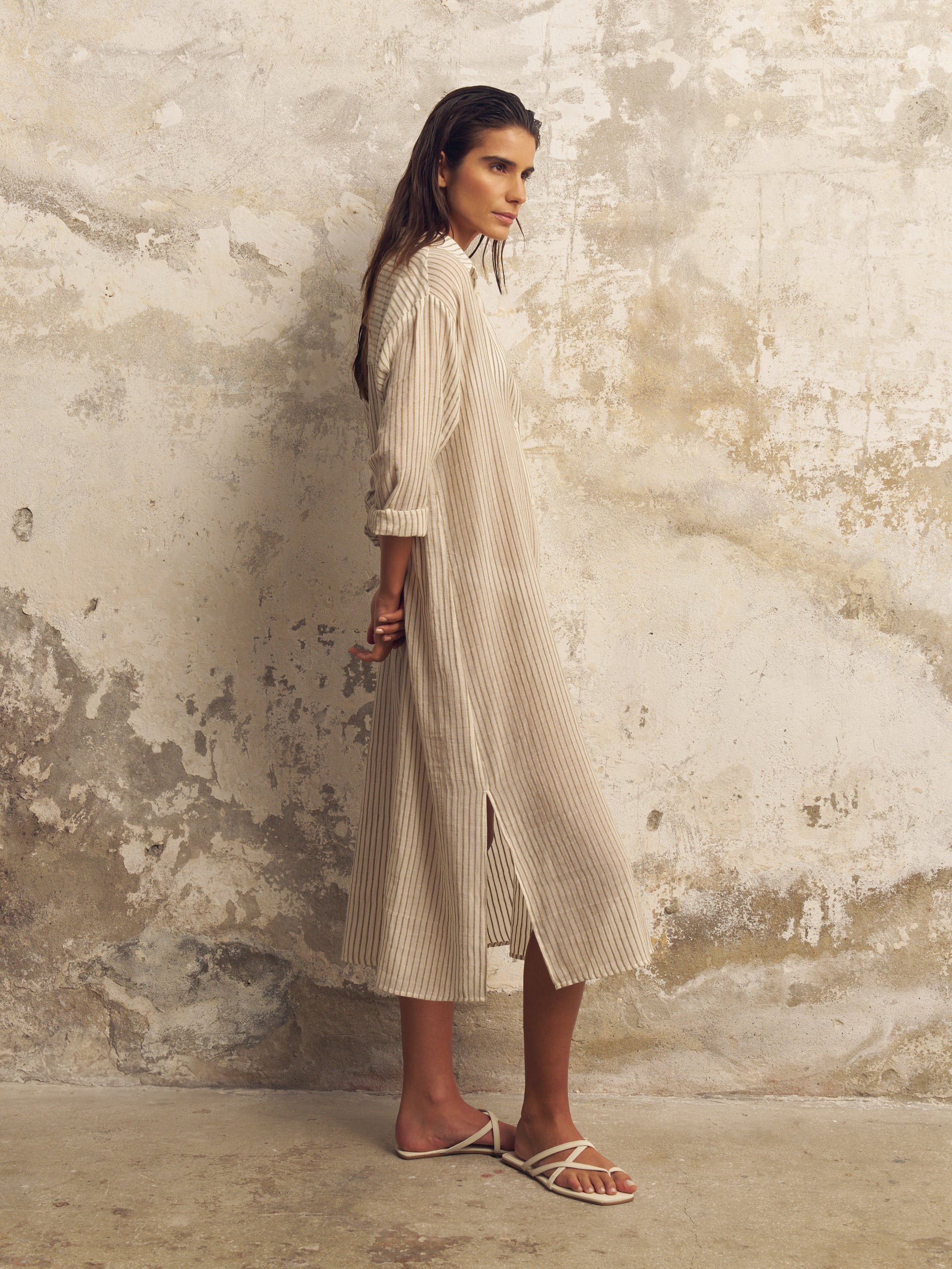 Voyage Khaki Green Striped Shirt Dress – 100% Turkish Cotton Beach Cover-Up