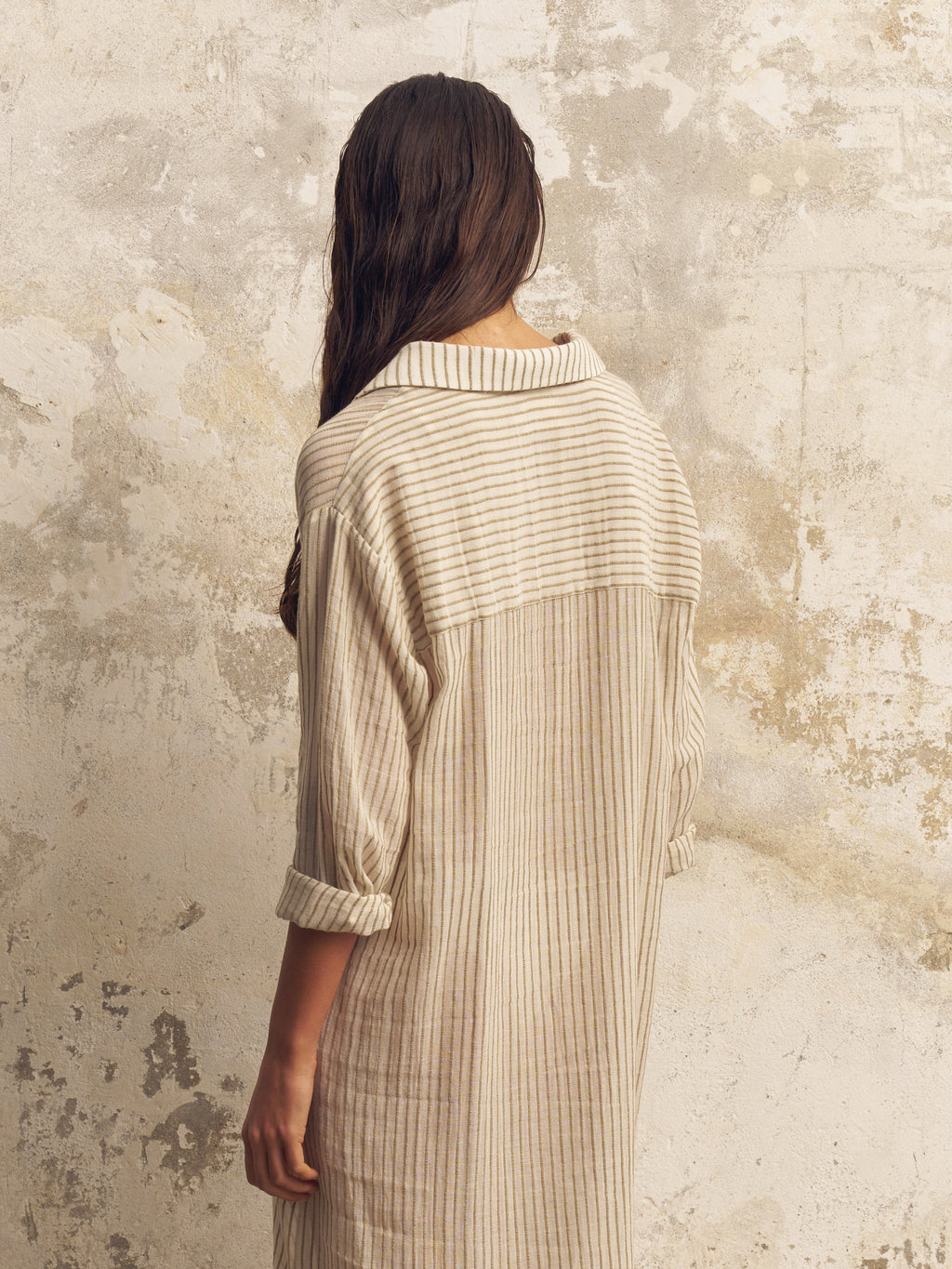 Voyage Khaki Green Striped Shirt Dress – 100% Turkish Cotton Beach Cover-Up