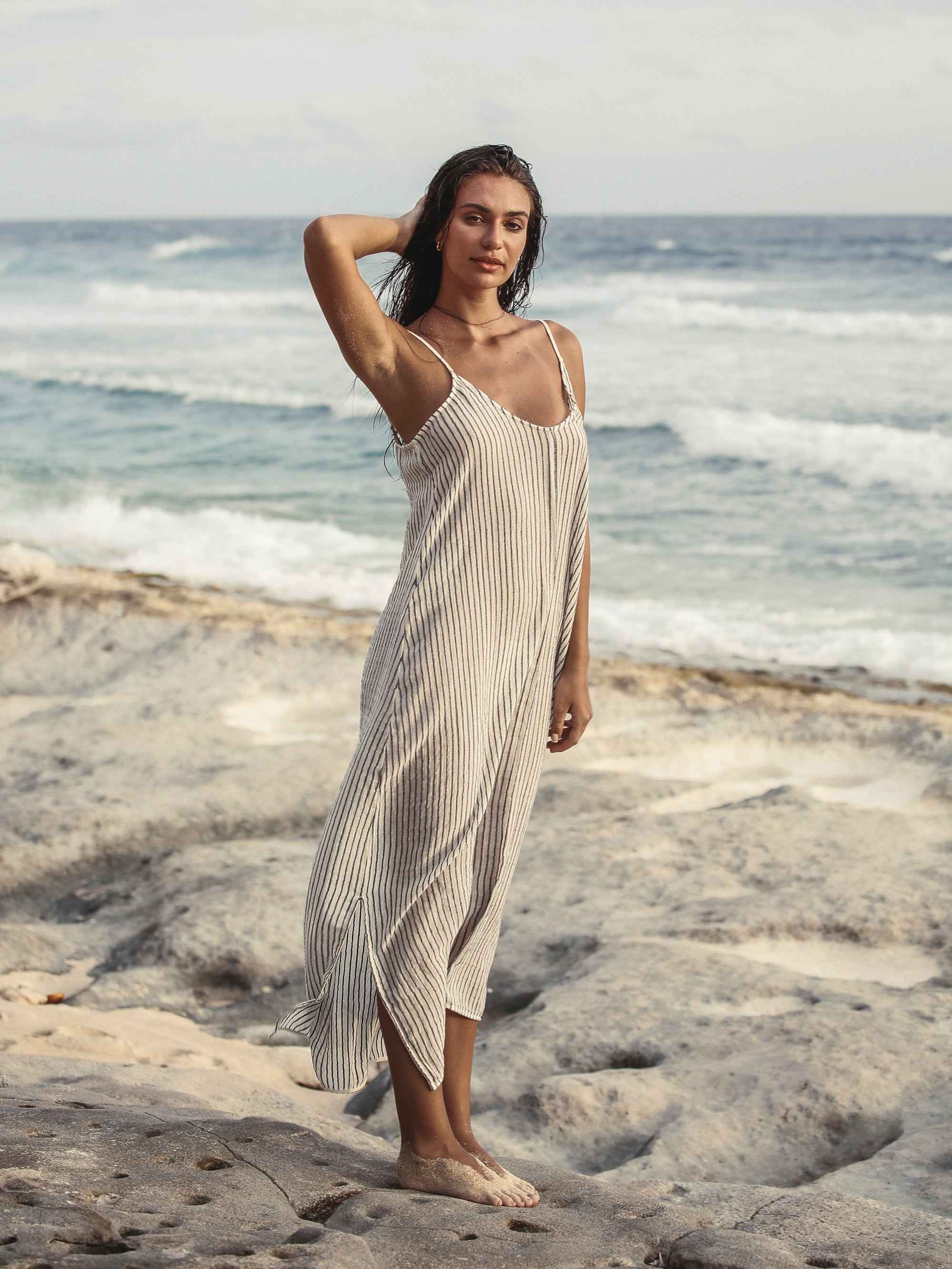 Yaz Dress in Black and White Stripes – Lightweight Maxi Summer Dress with Adjustable Straps
