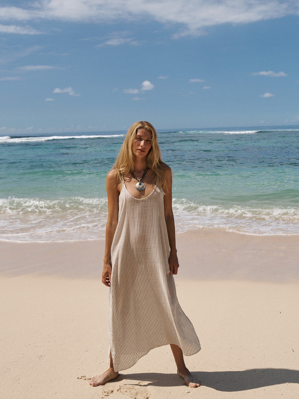 Yaz Maxi Dress in Khaki Green Stripes – 100% Turkish Cotton, One Size