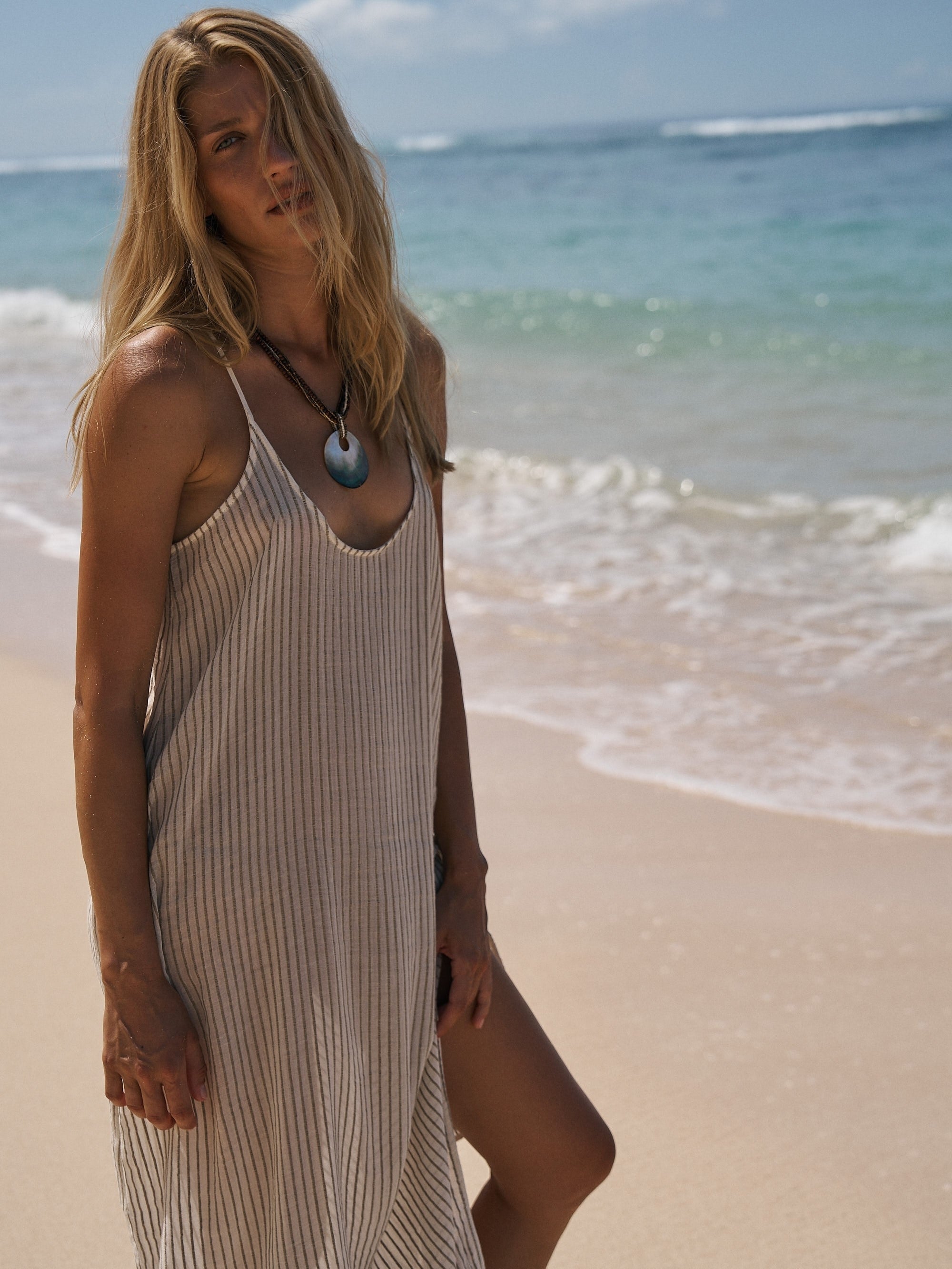 Yaz Maxi Dress in Khaki Green Stripes – 100% Turkish Cotton, One Size