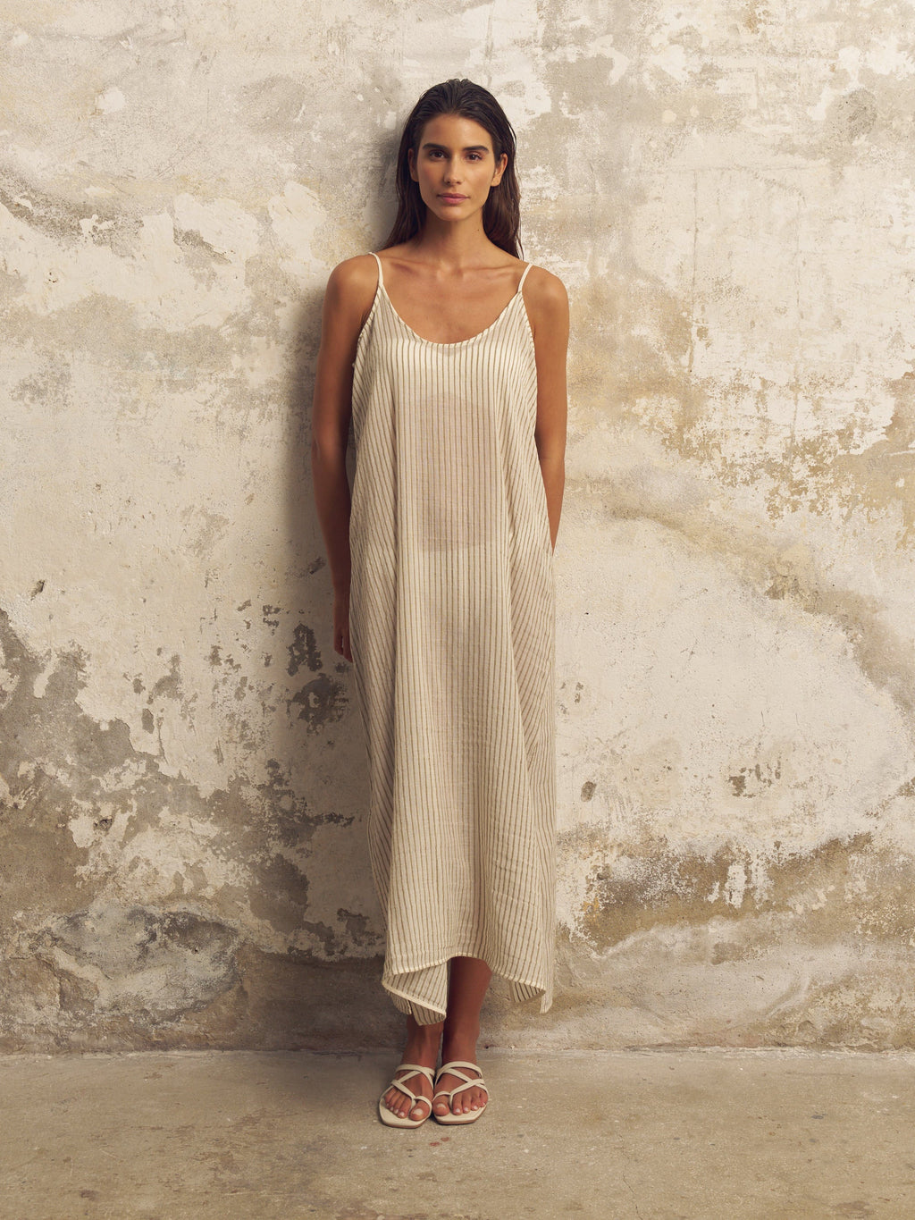 Yaz Maxi Dress in Khaki Green Stripes – 100% Turkish Cotton, One Size