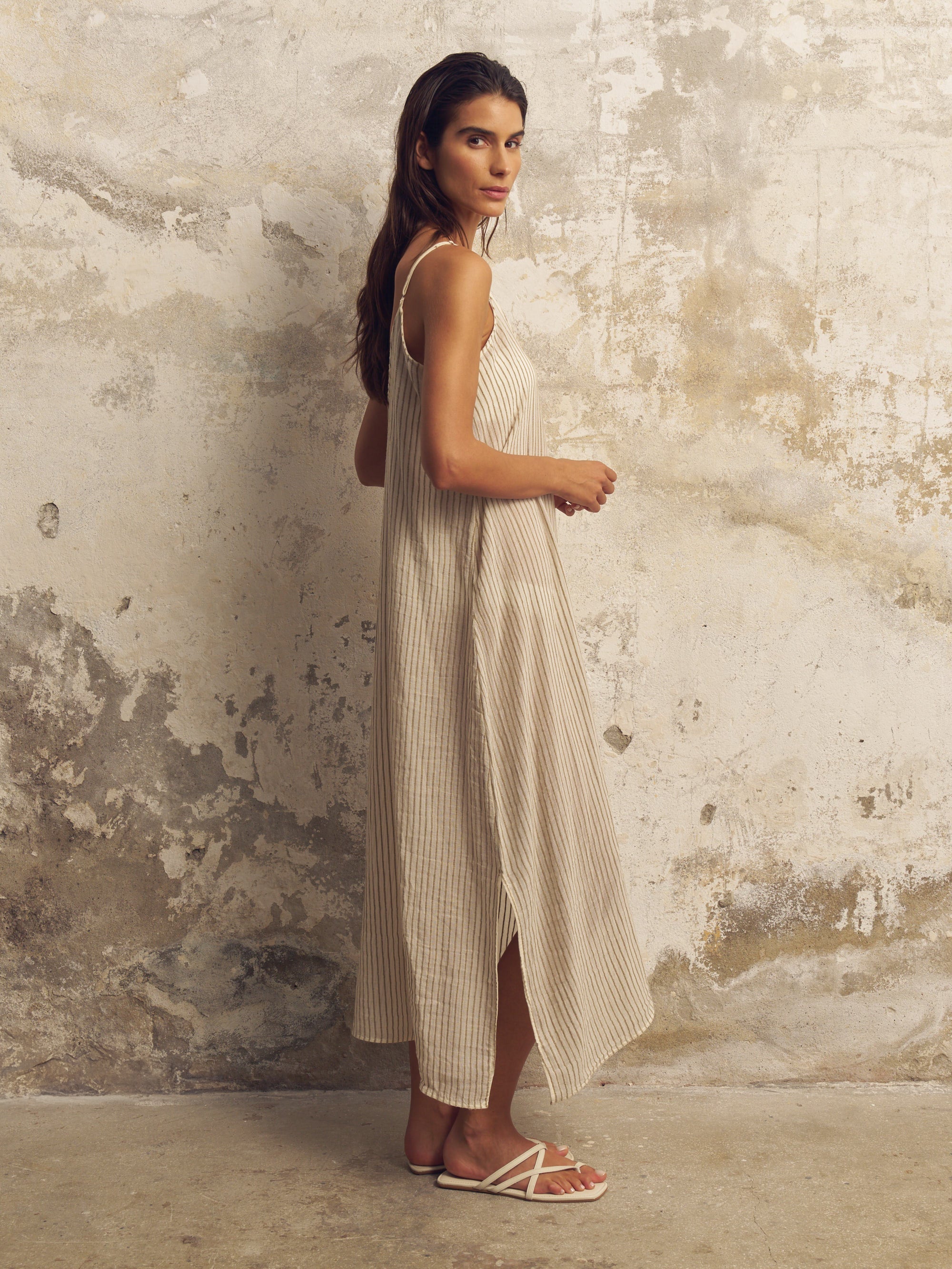 Yaz Maxi Dress in Khaki Green Stripes – 100% Turkish Cotton, One Size