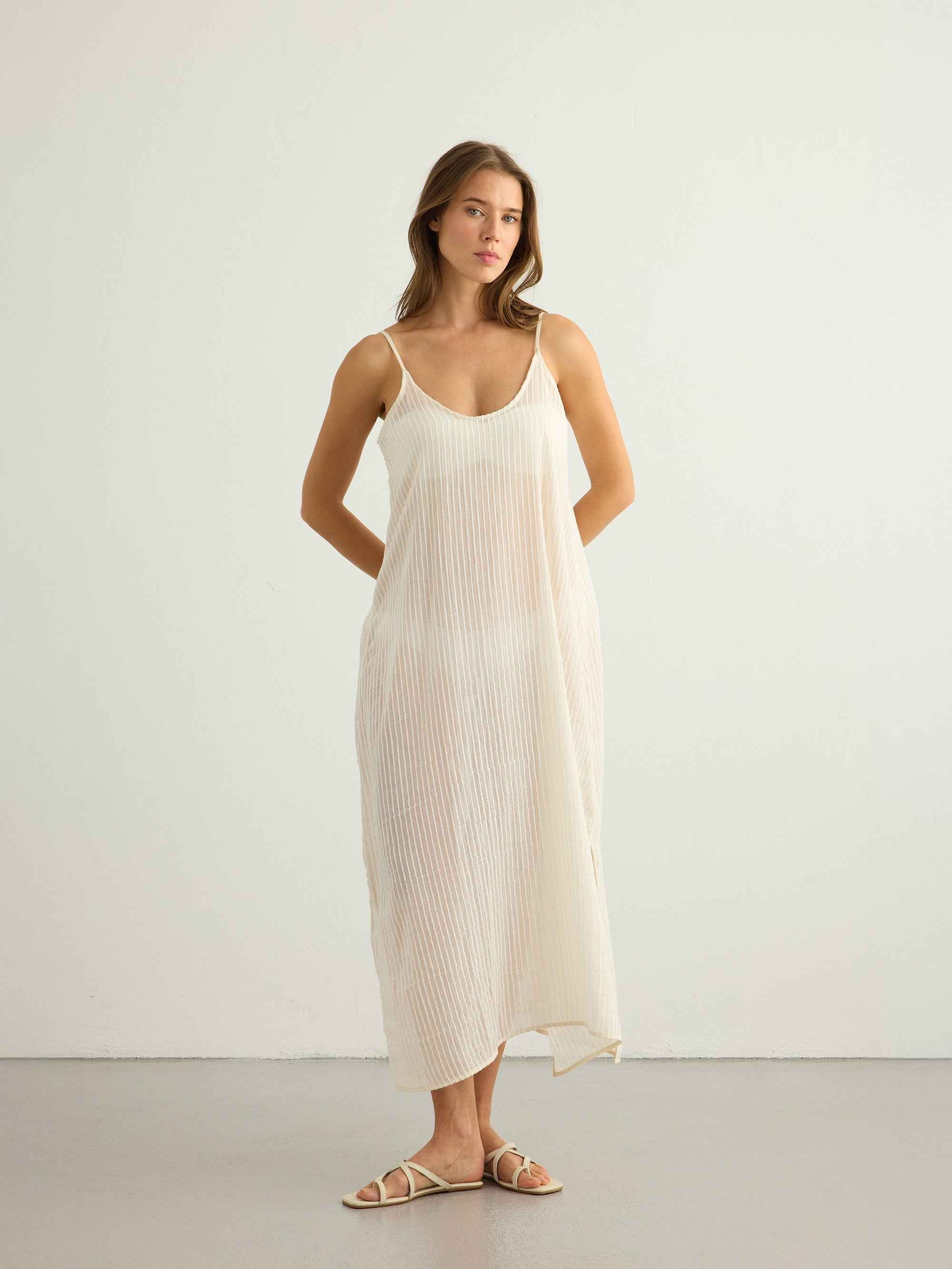 Yaz Dress in White Stripes – Lightweight Turkish Cotton Maxi Dress with Adjustable Straps and Side Slits