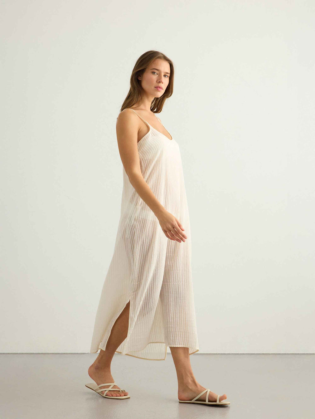 Yaz Dress in White Stripes – Lightweight Turkish Cotton Maxi Dress with Adjustable Straps and Side Slits