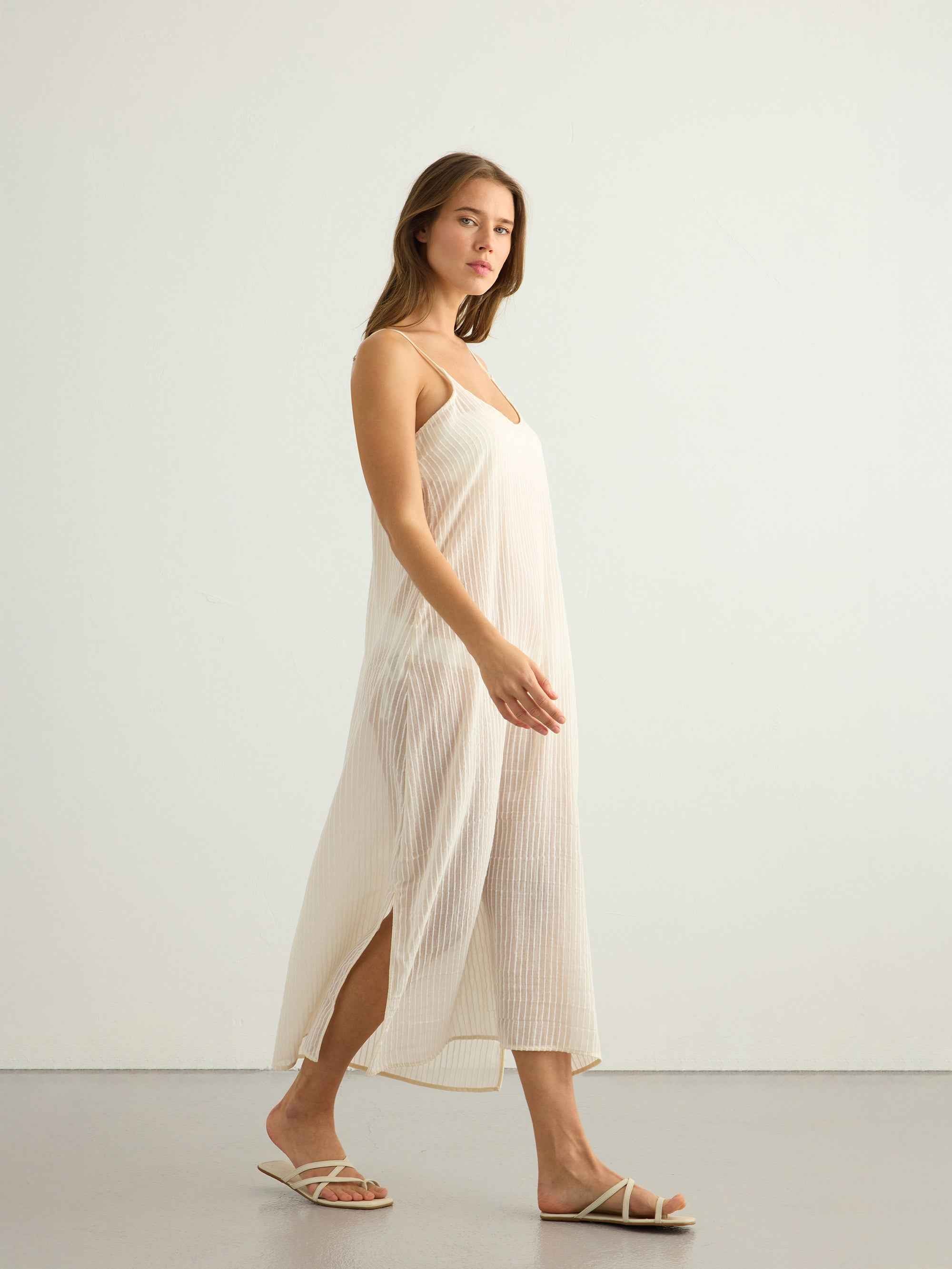 Yaz Dress in White Stripes – Lightweight Turkish Cotton Maxi Dress with Adjustable Straps and Side Slits