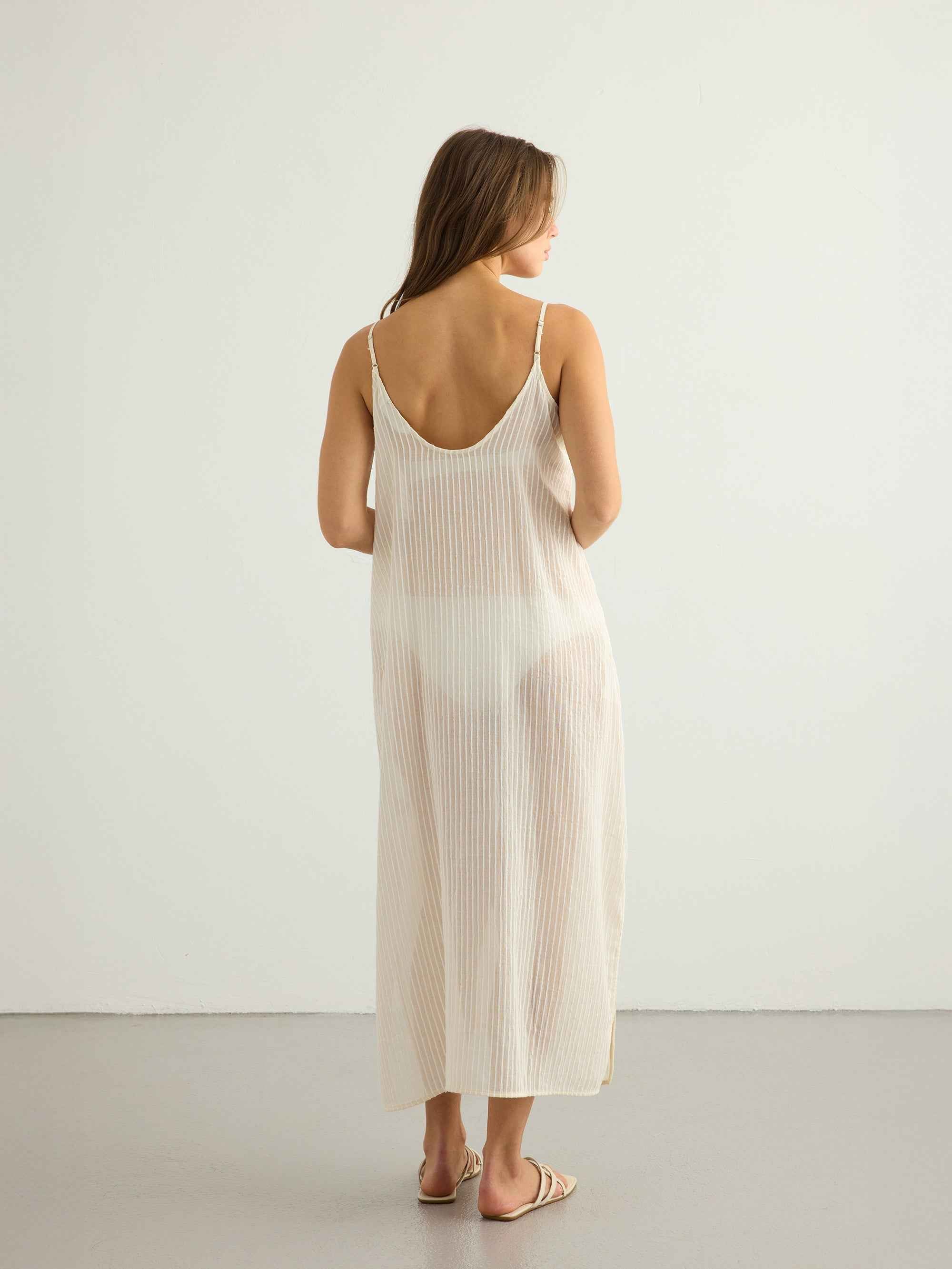 Yaz Dress in White Stripes – Lightweight Turkish Cotton Maxi Dress with Adjustable Straps and Side Slits