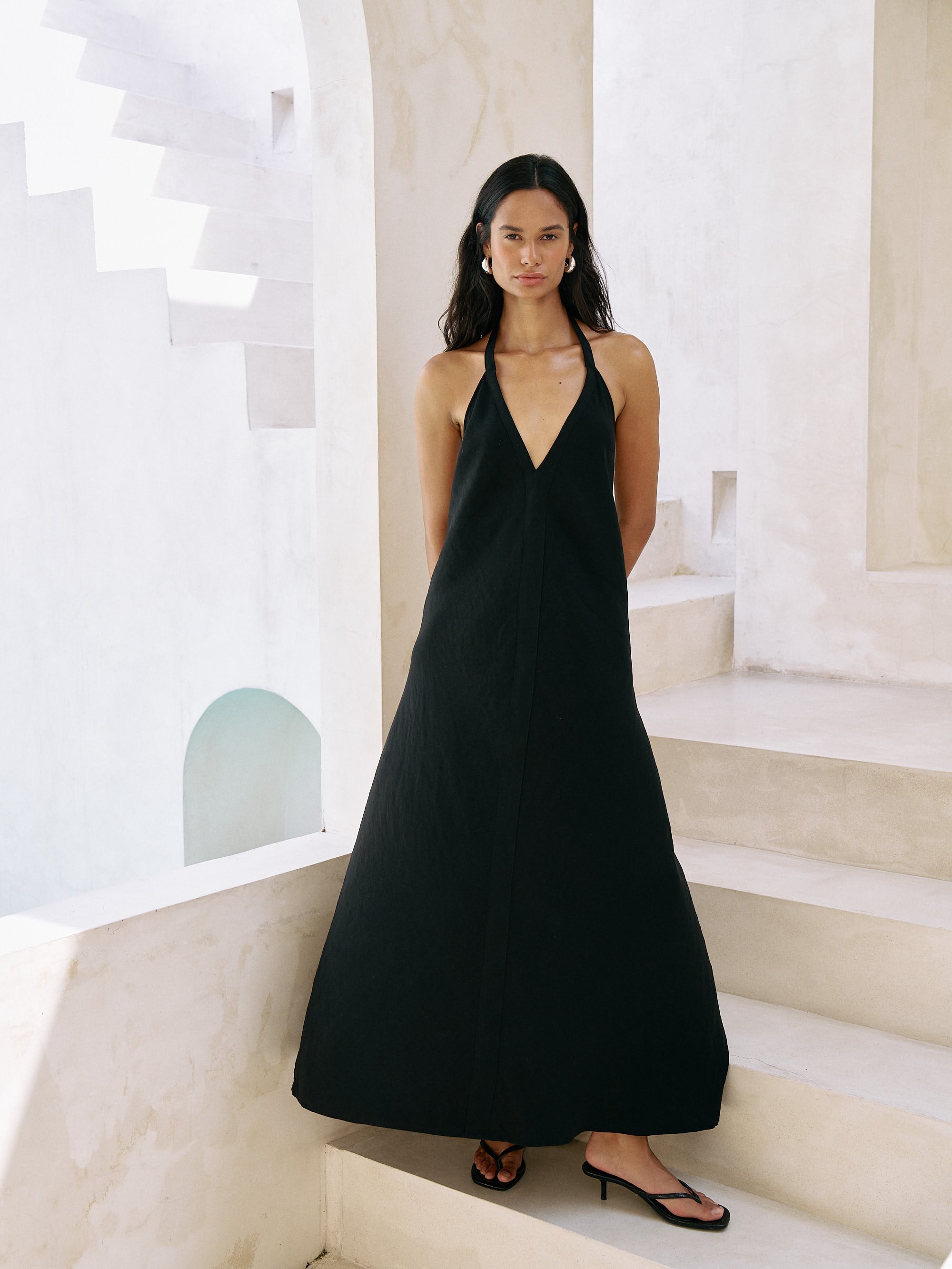 Zoe Black Maxi Dress with Open Back and Adjustable Halter Neck