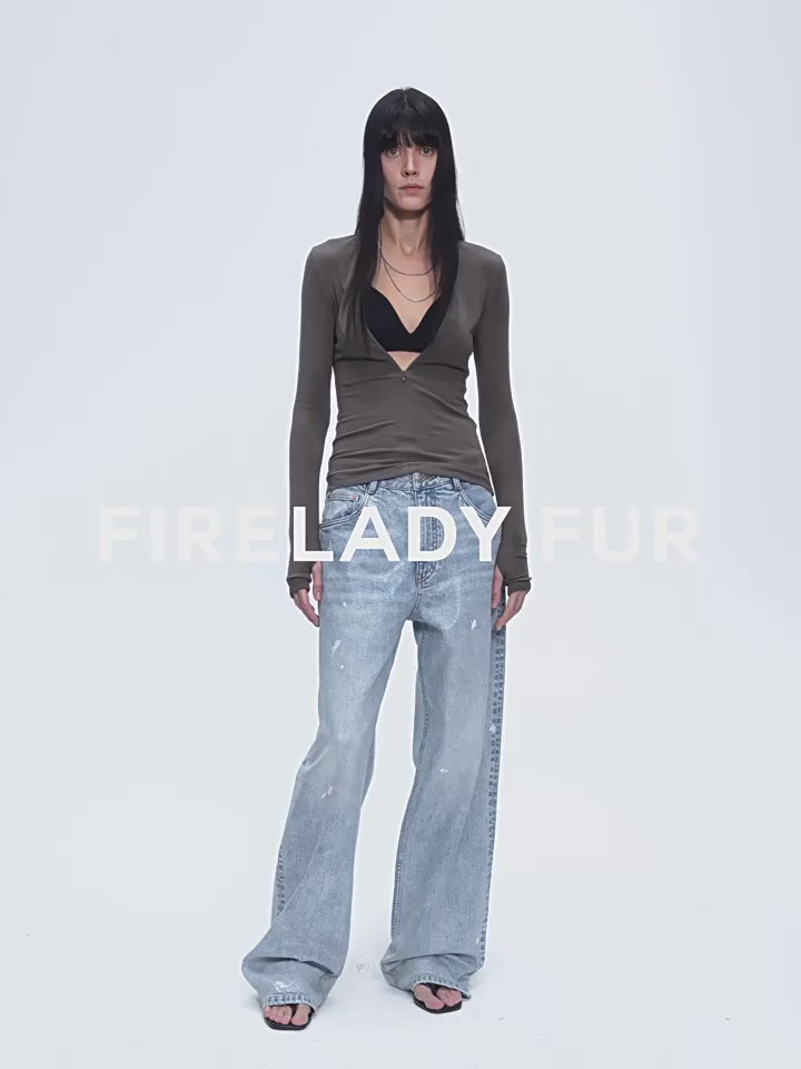 “Art Journey” Distressed Dirty-Dyed Tencel Cotton Jeans with Hot-Fixed Sequins
