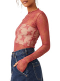 Lace Mock Neck Long Sleeve Blouse in deep red