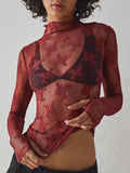 Lace Mock Neck Long Sleeve Blouse in burgundy