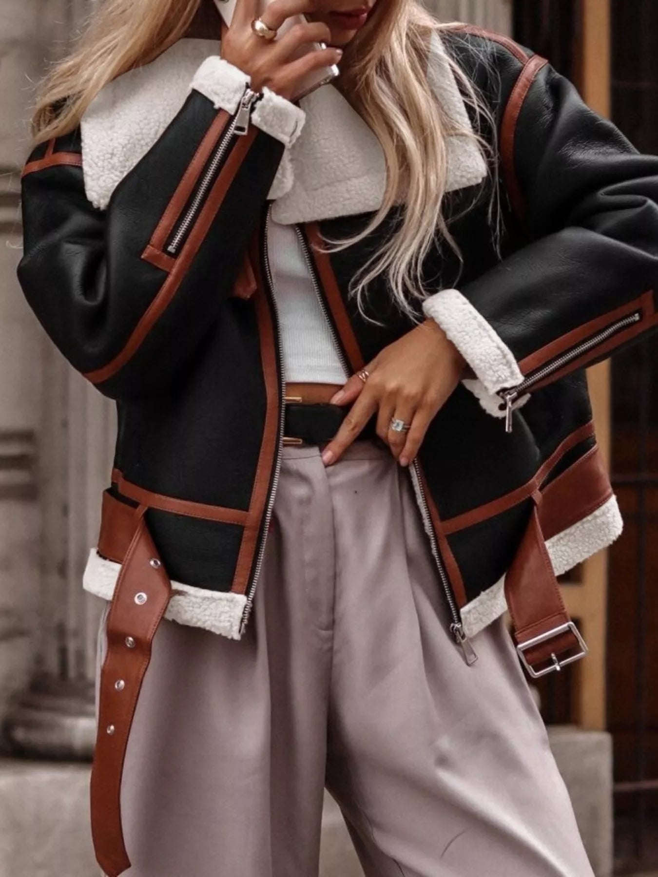 Shearling Lined Zip Up Flight Jacket