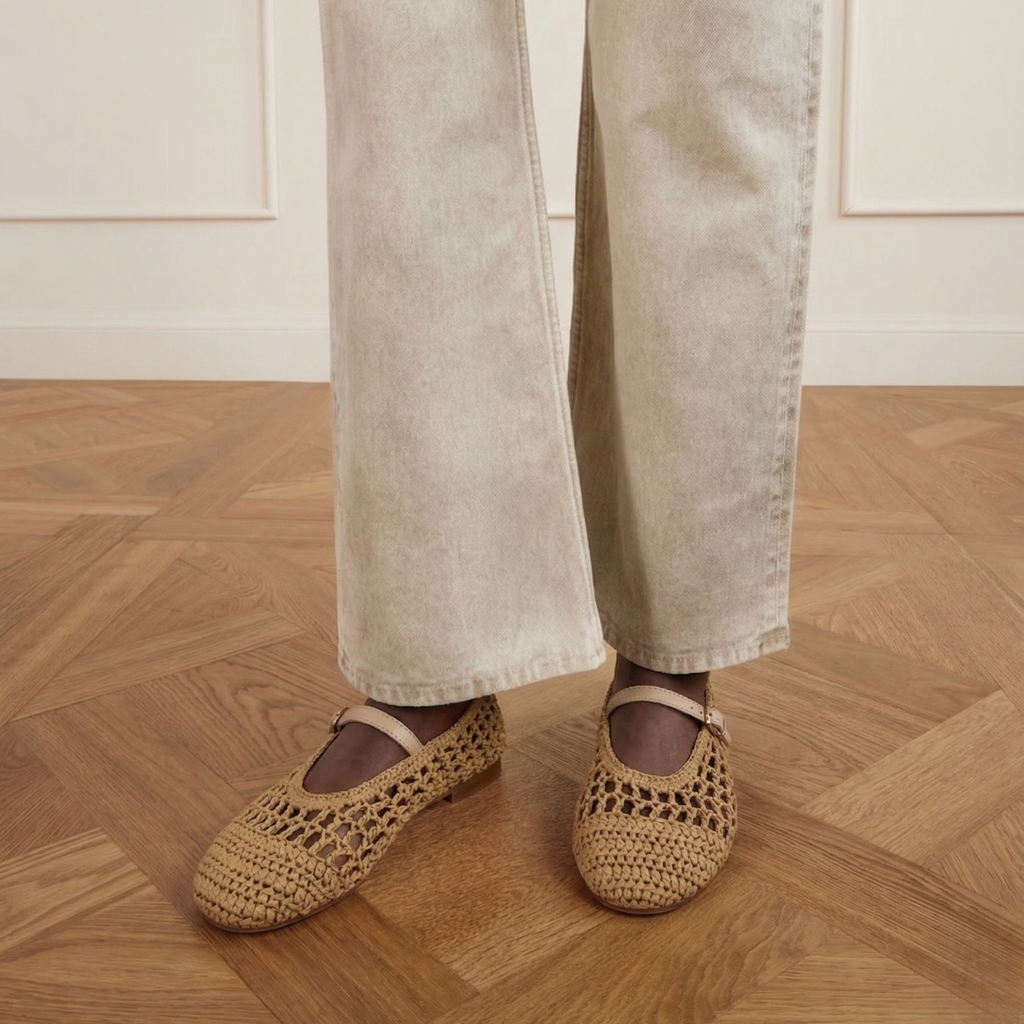 Elaina Raffia Mary Janes in beige — styled on model