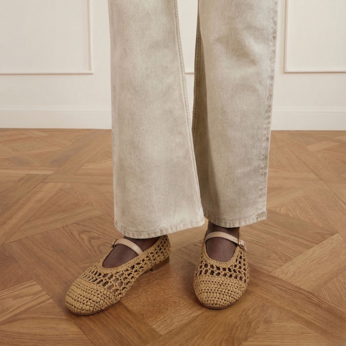 Elaina Raffia Mary Janes in beige — styled on model
