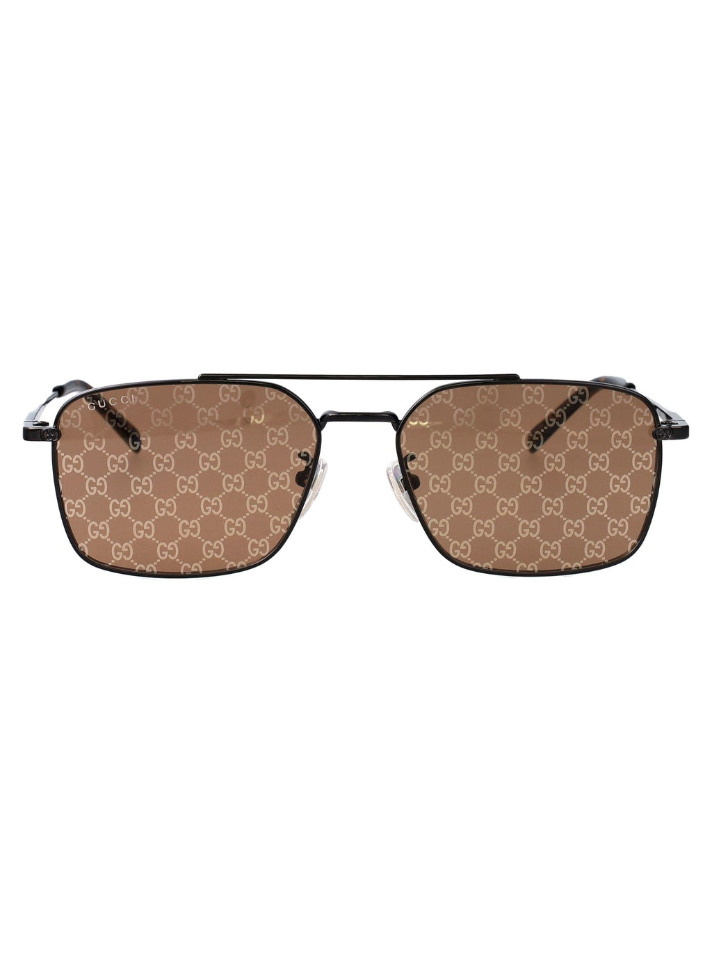 Gucci GG1957SA Metal Sunglasses with GG Lens — black metal rectangular sunglasses with GG-monogram brown lenses, front view