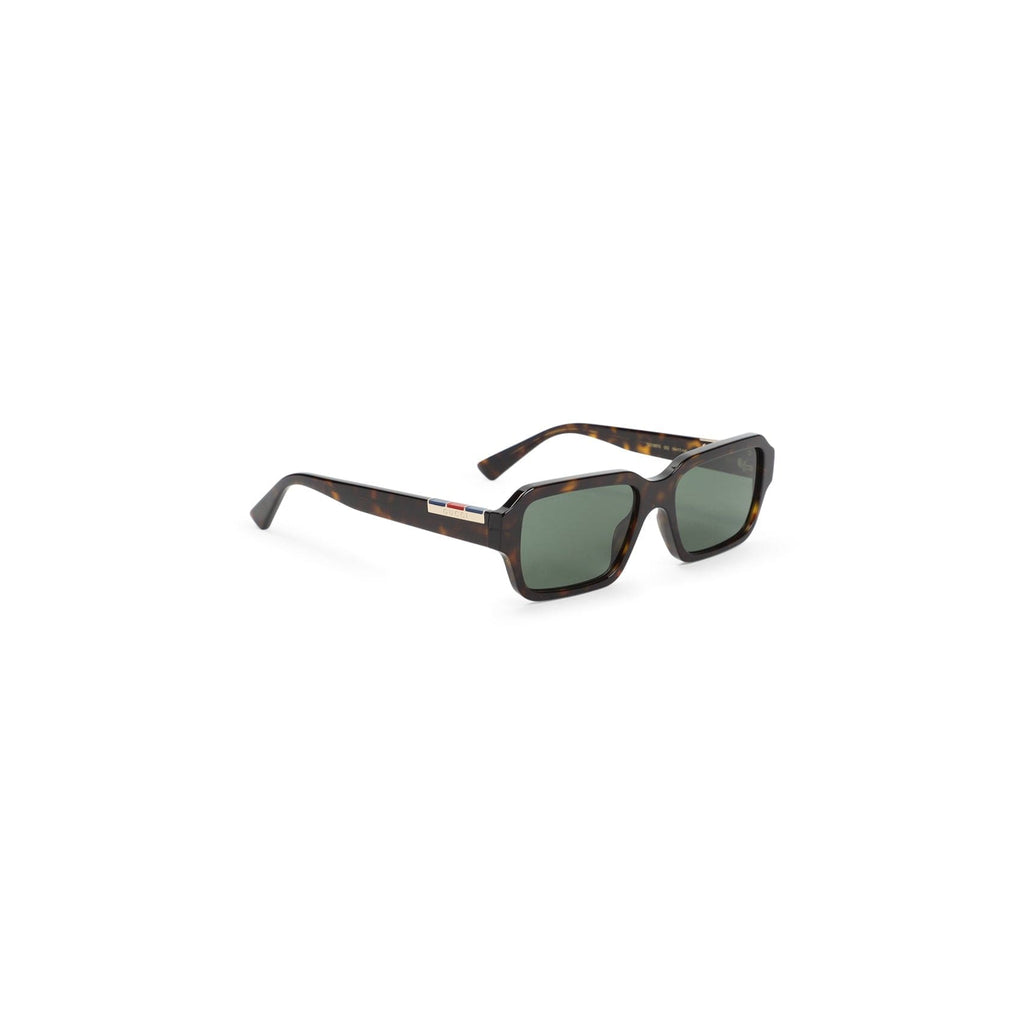 Gucci Havana Printed Acetate Sunglasses — havana tortoiseshell rectangular acetate sunglasses with green lenses, front view