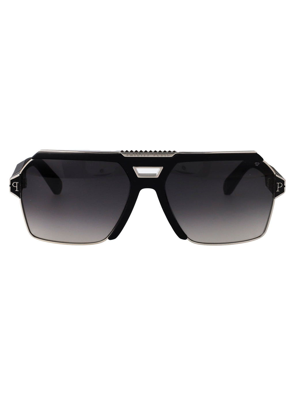 Philipp Plein SPP147M Navigator Sunglasses — black navigator sunglasses with gradient lenses, front view