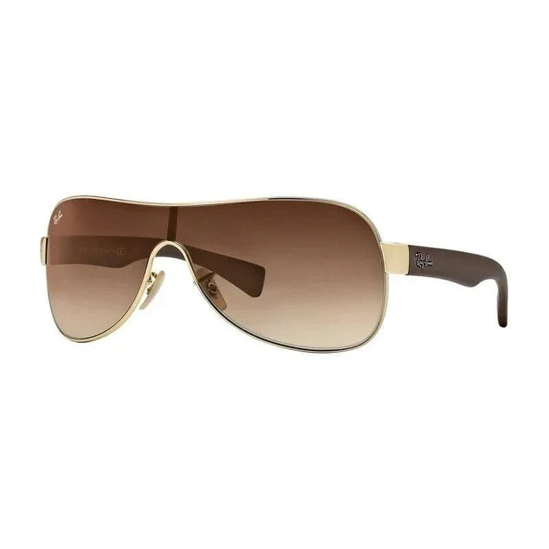 Ray-Ban RB3471 Arista Gold Shield Sunglasses with Brown Gradient Lens — gold metal shield sunglasses with brown gradient lens, front view