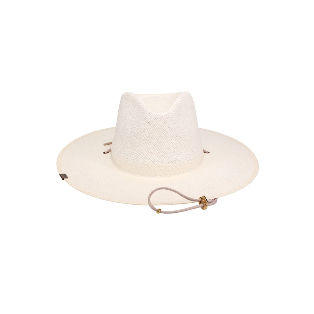 Toquilla Straw Panama Sun Hat with Chin Cord in ivory — front view