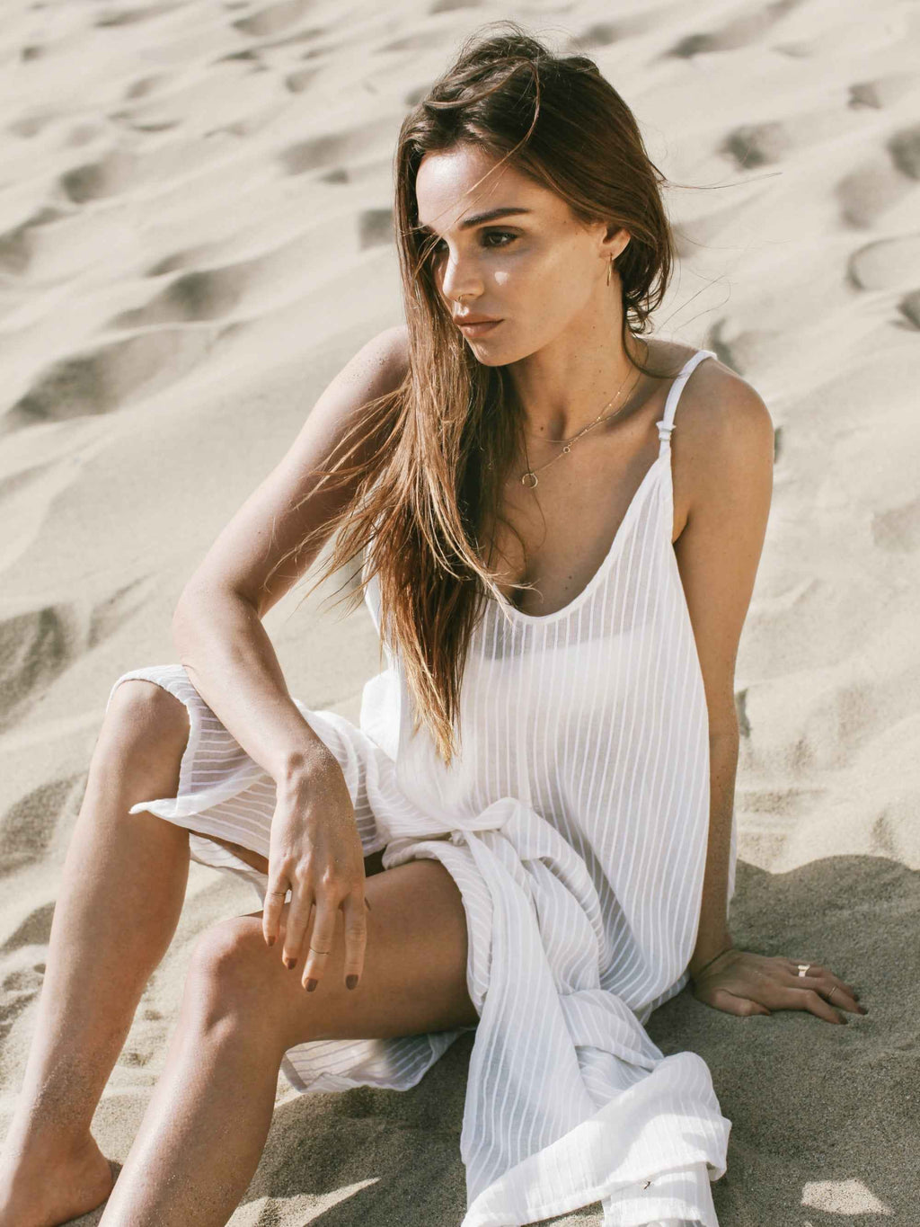 Yaz Dress in White Stripes – Lightweight Turkish Cotton Maxi Dress with Adjustable Straps and Side Slits