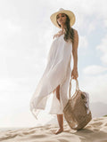 Yaz Dress in White Stripes – Lightweight Turkish Cotton Maxi Dress with Adjustable Straps and Side Slits