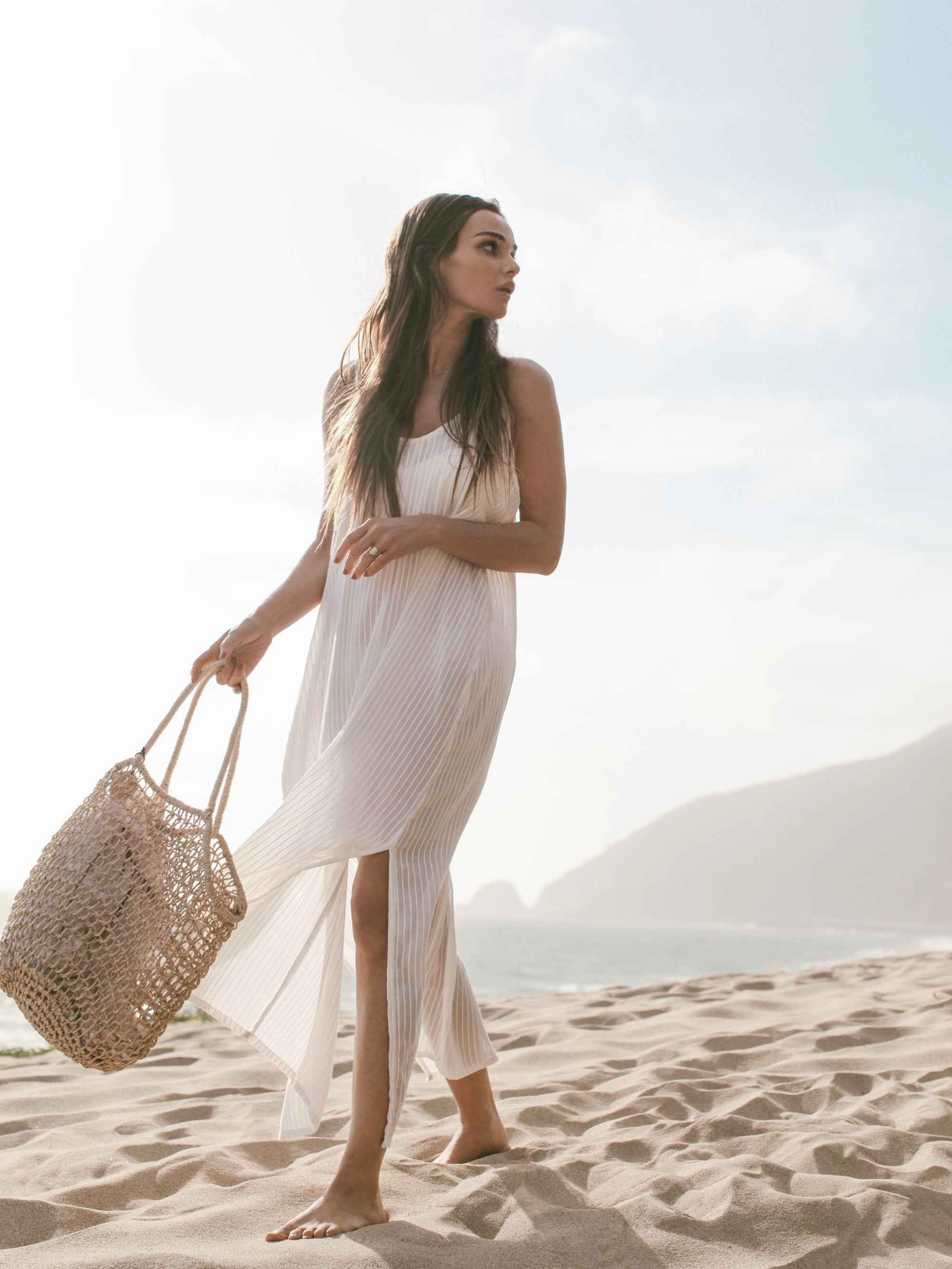 Yaz Dress in White Stripes – Lightweight Turkish Cotton Maxi Dress with Adjustable Straps and Side Slits