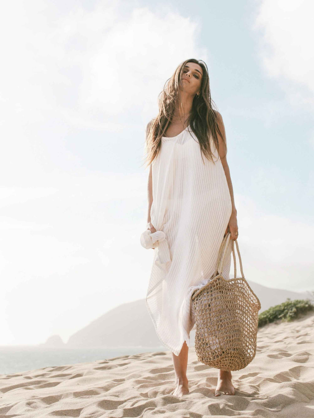 Yaz Dress in White Stripes – Lightweight Turkish Cotton Maxi Dress with Adjustable Straps and Side Slits